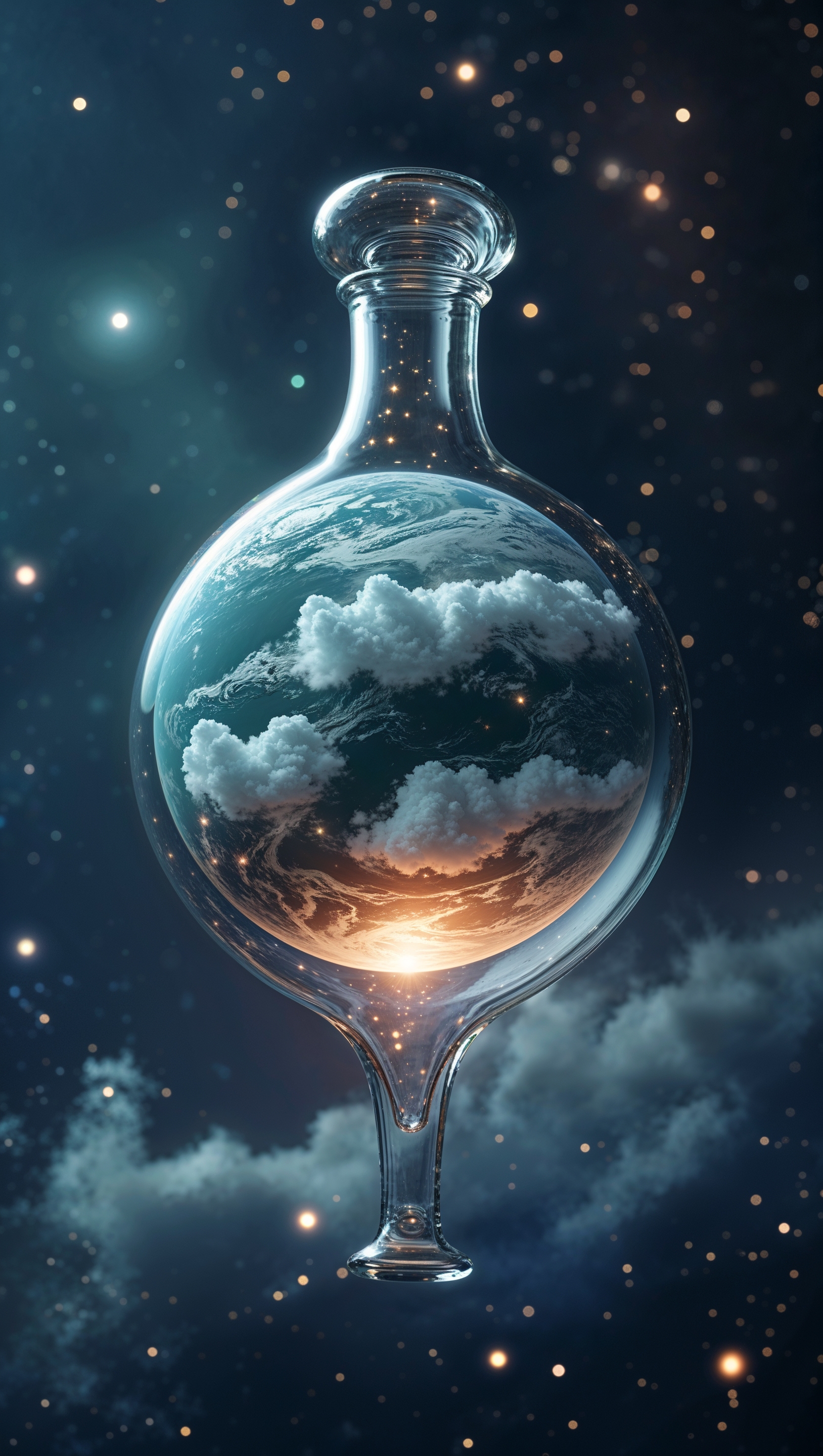 A creative image of a planet inside a glass bottle floating in space