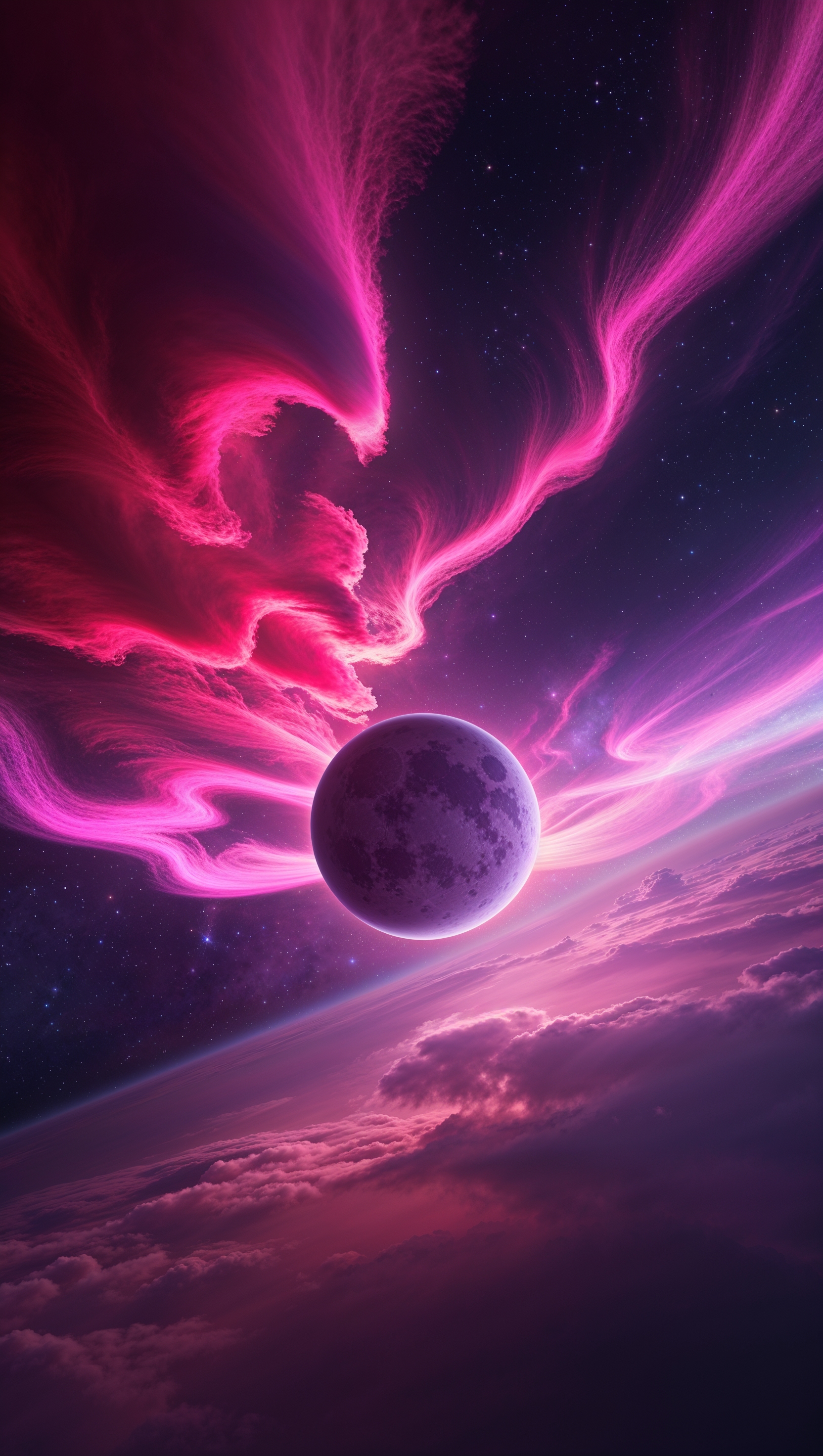 A planet with red and purple auroras