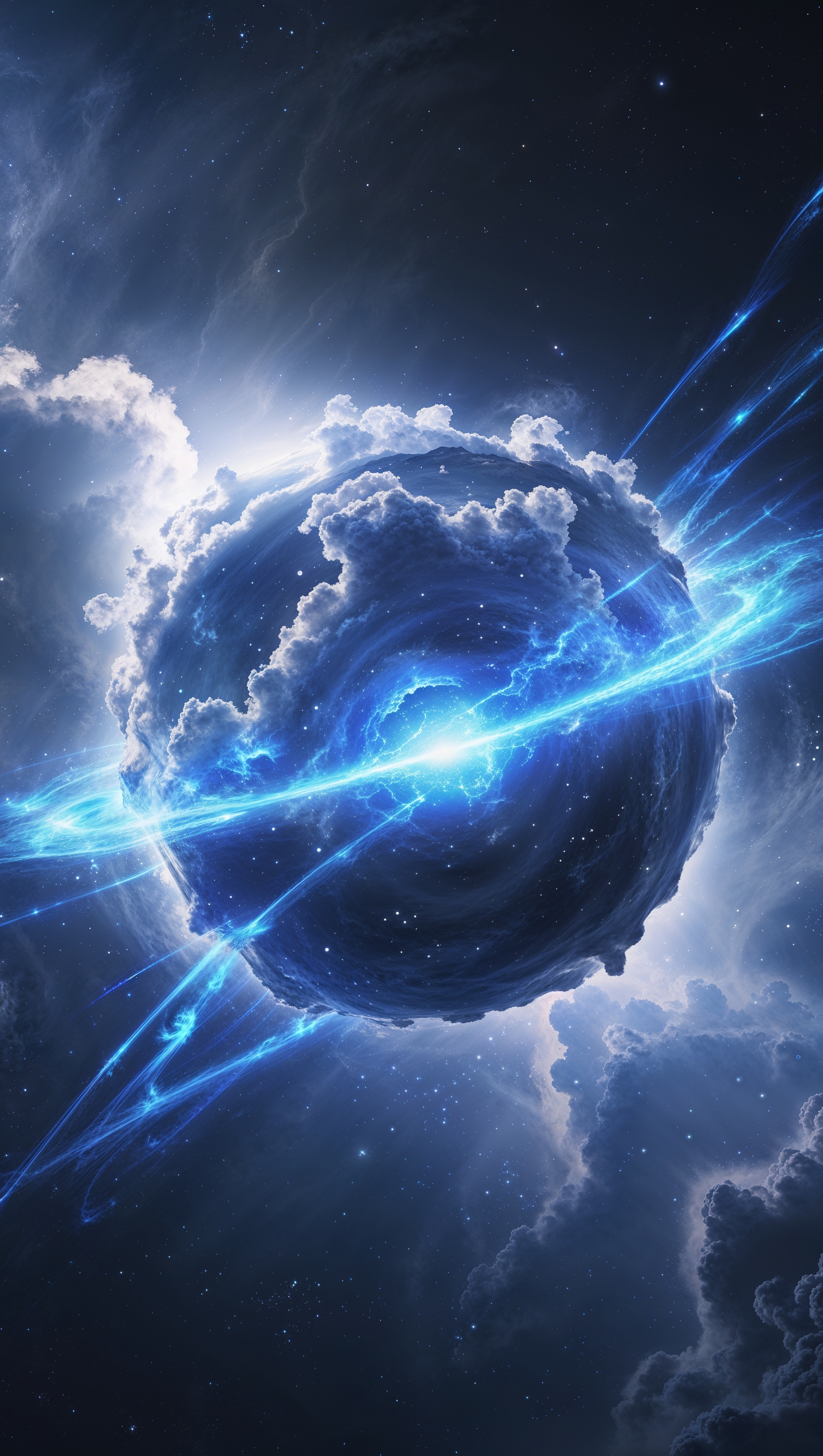 A planet surrounded by a blue energy field