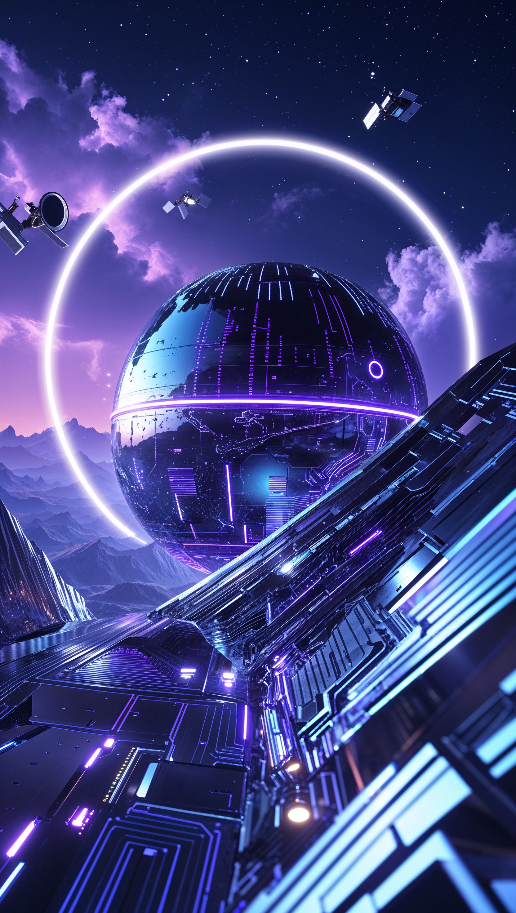 Futuristic digital artwork of a metallic planet
