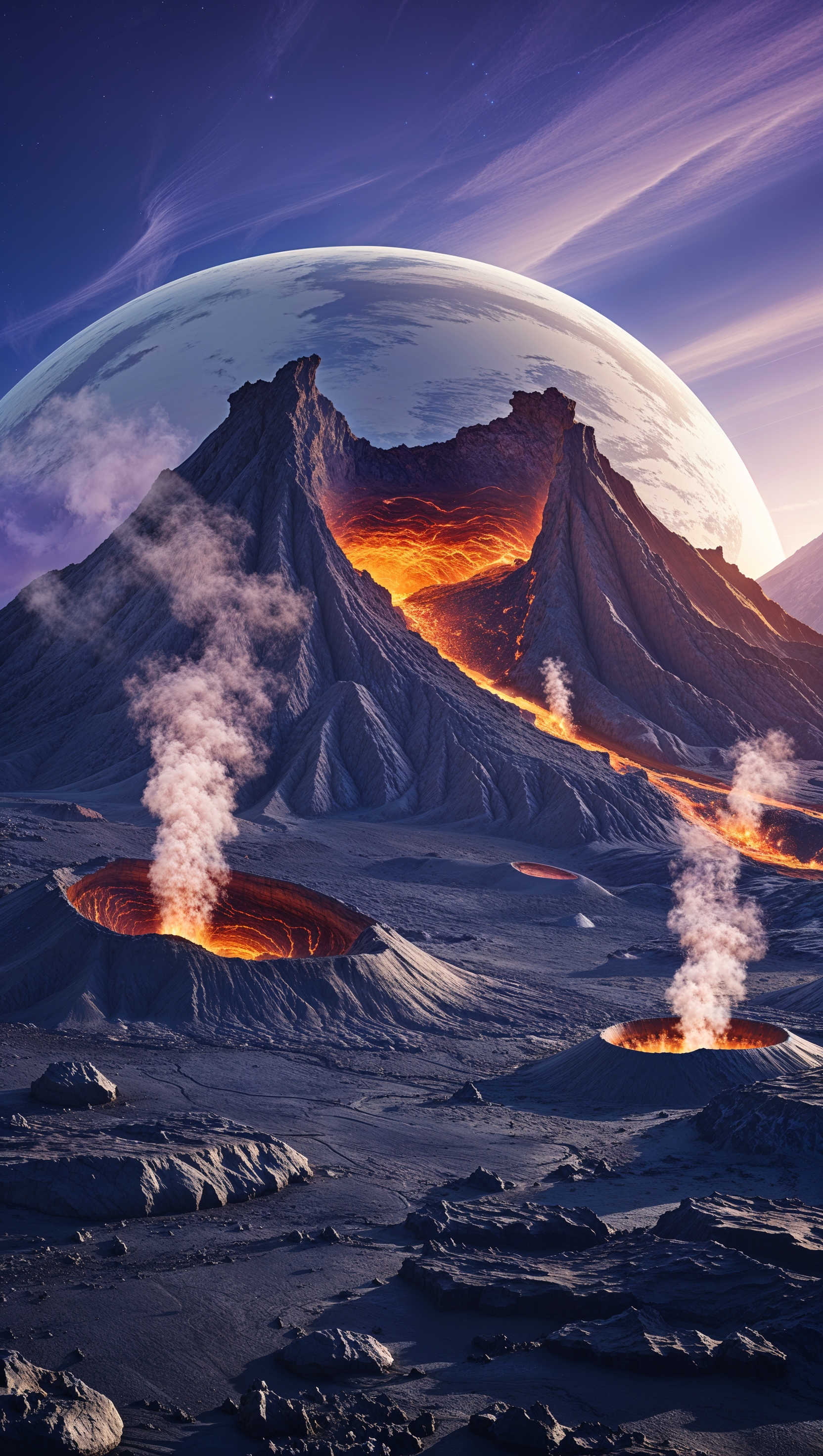 A planet with a volcanic surface and blue-purple sky