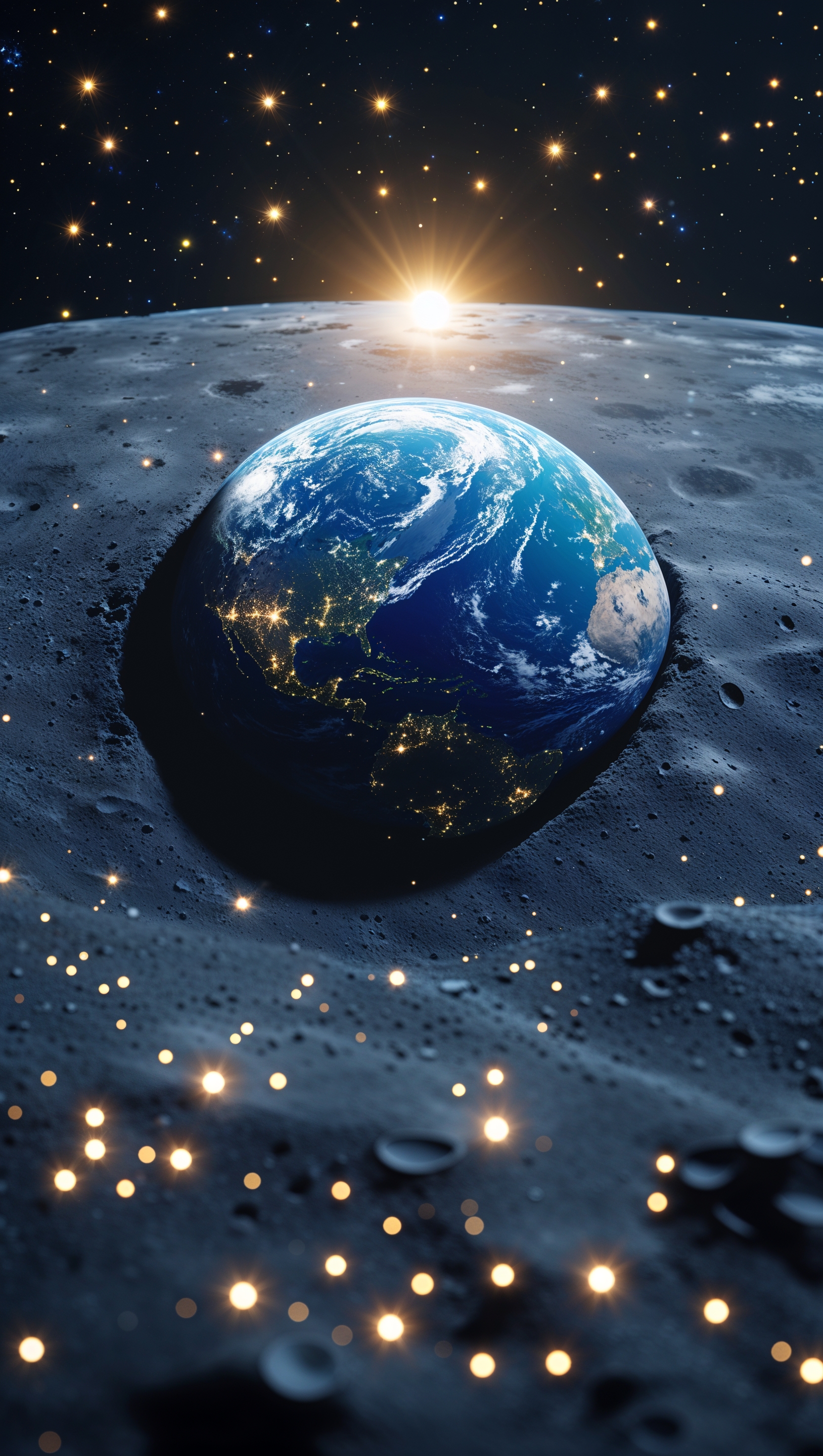 Earth viewed from the Moon with bright stars
