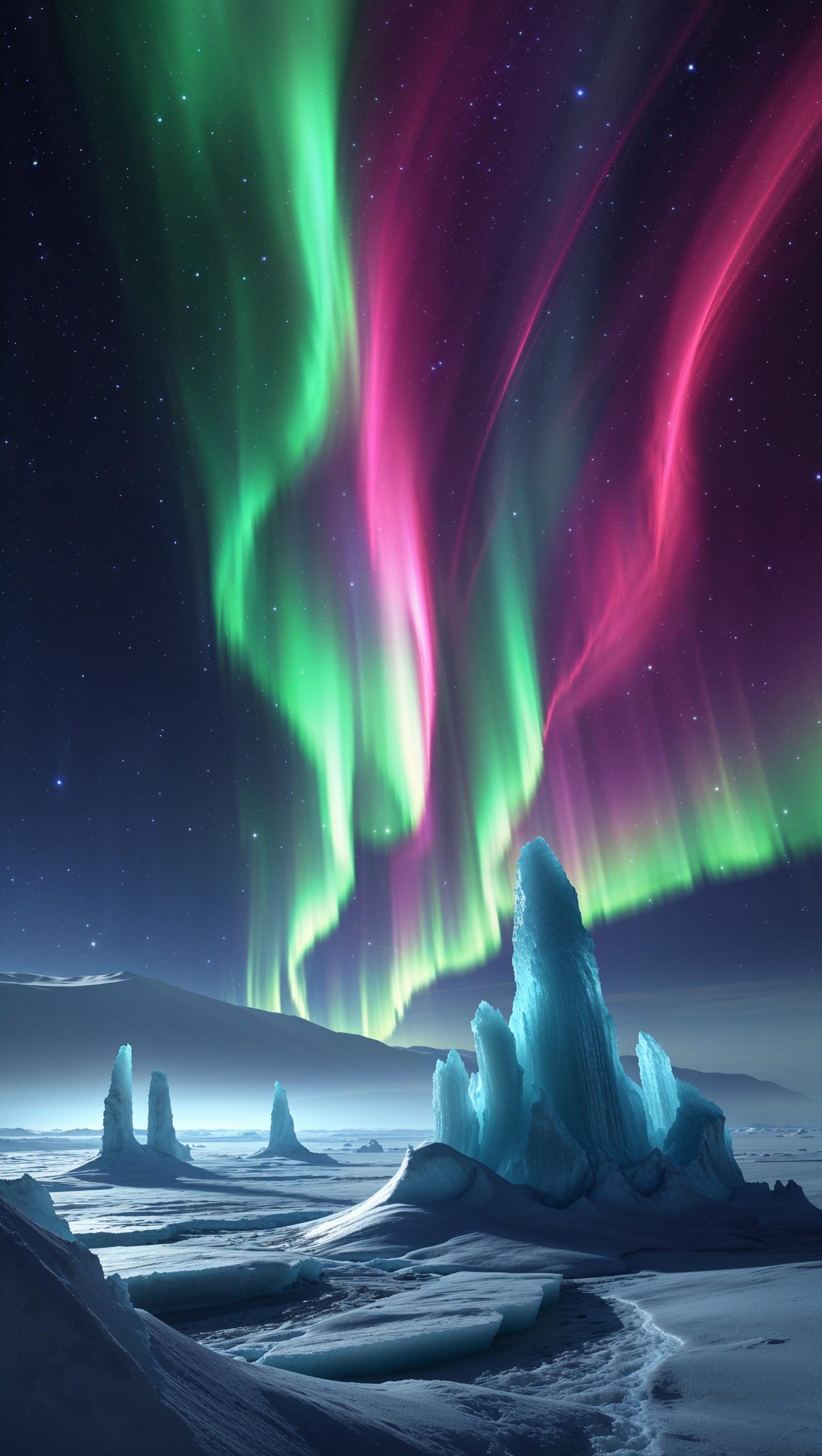 An icy planet with aurora lights in the sky
