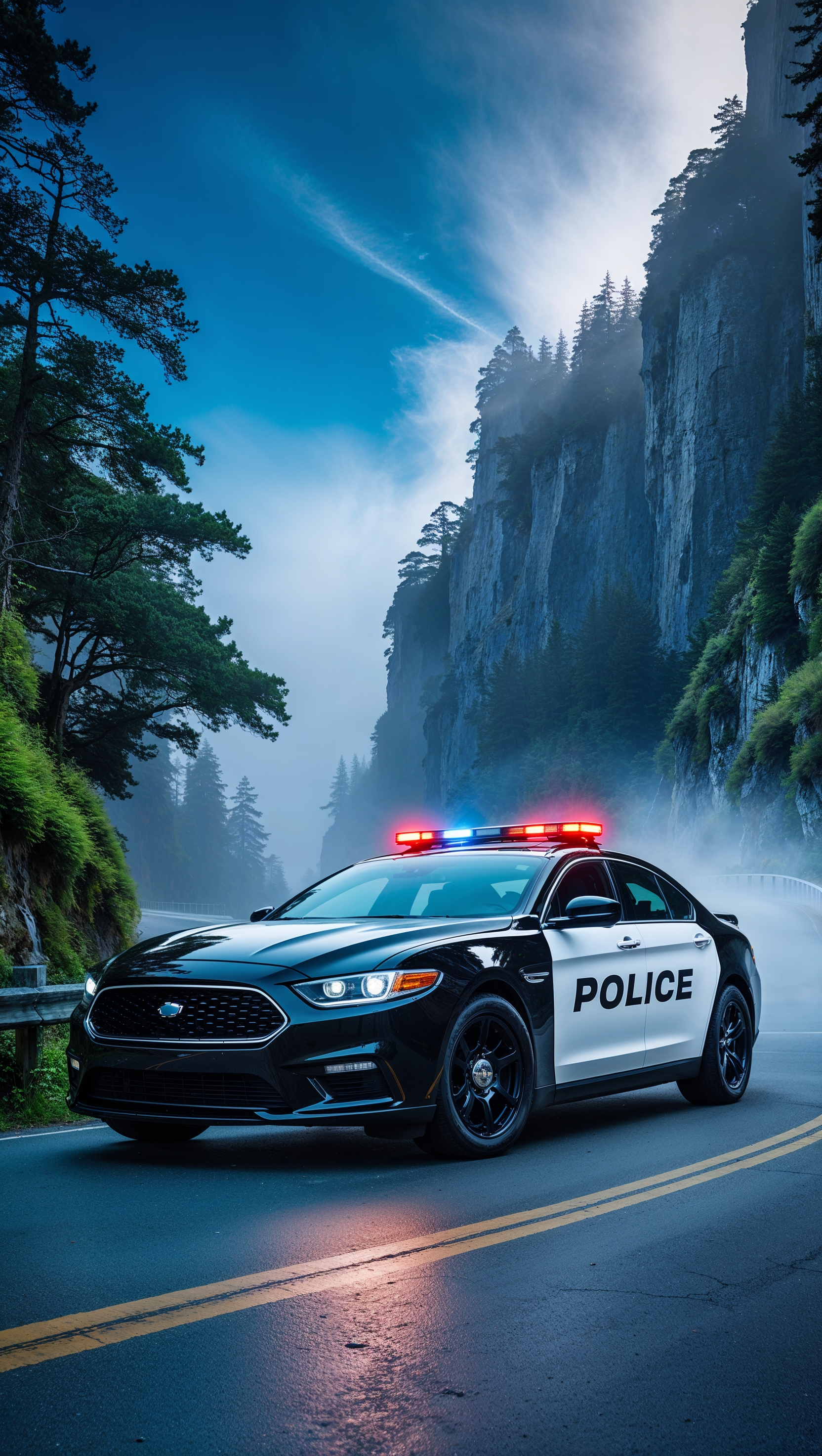 iPhone wallpaper with a police car on a mountain road