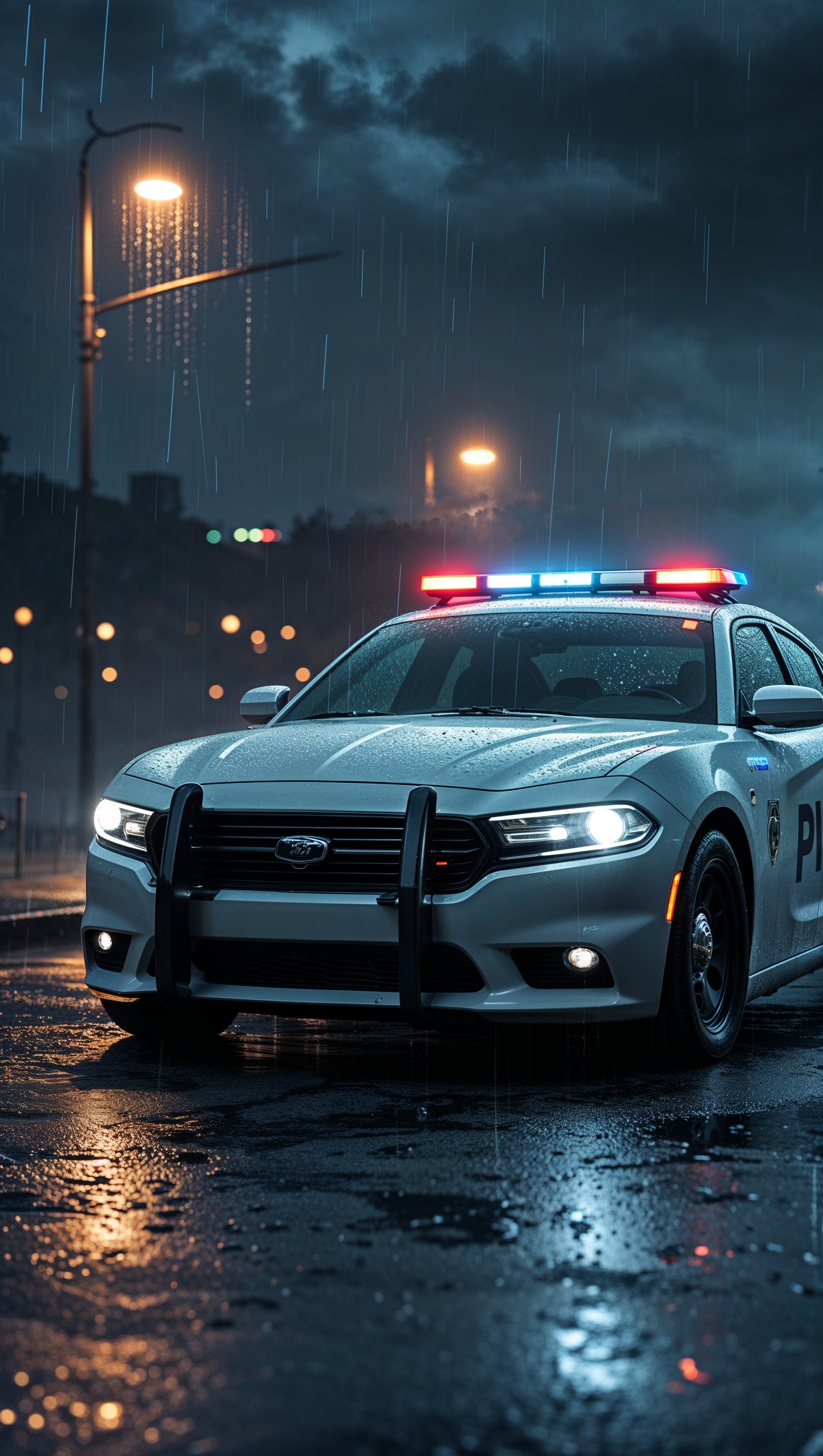 iPhone wallpaper with a police car in the rain