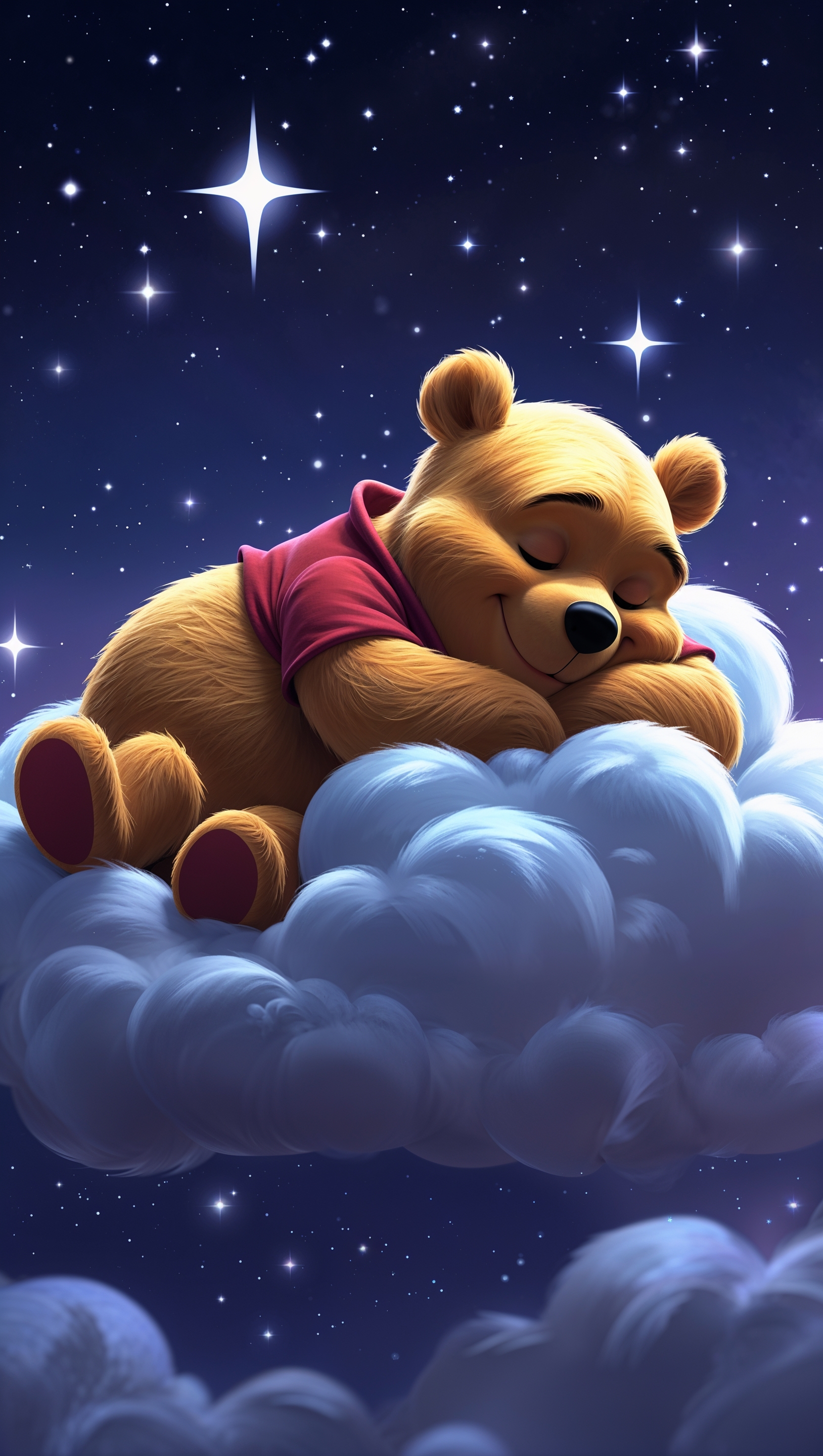 Pooh sleeping on a cloud, stars around, night-themed iPhone wallpaper