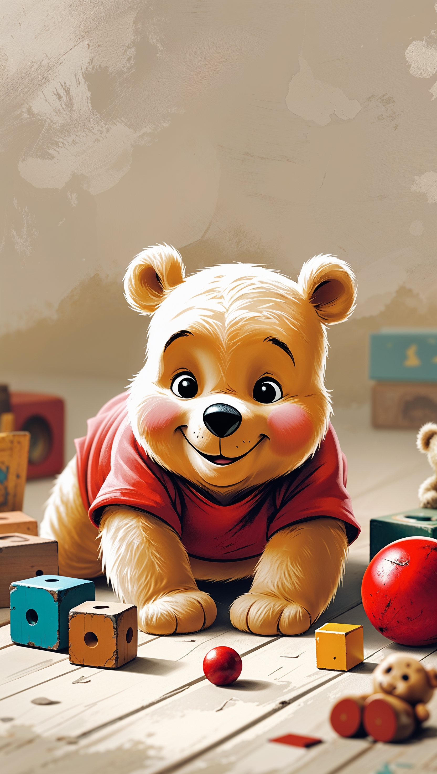 Baby Pooh crawling with toys, adorable iPhone background