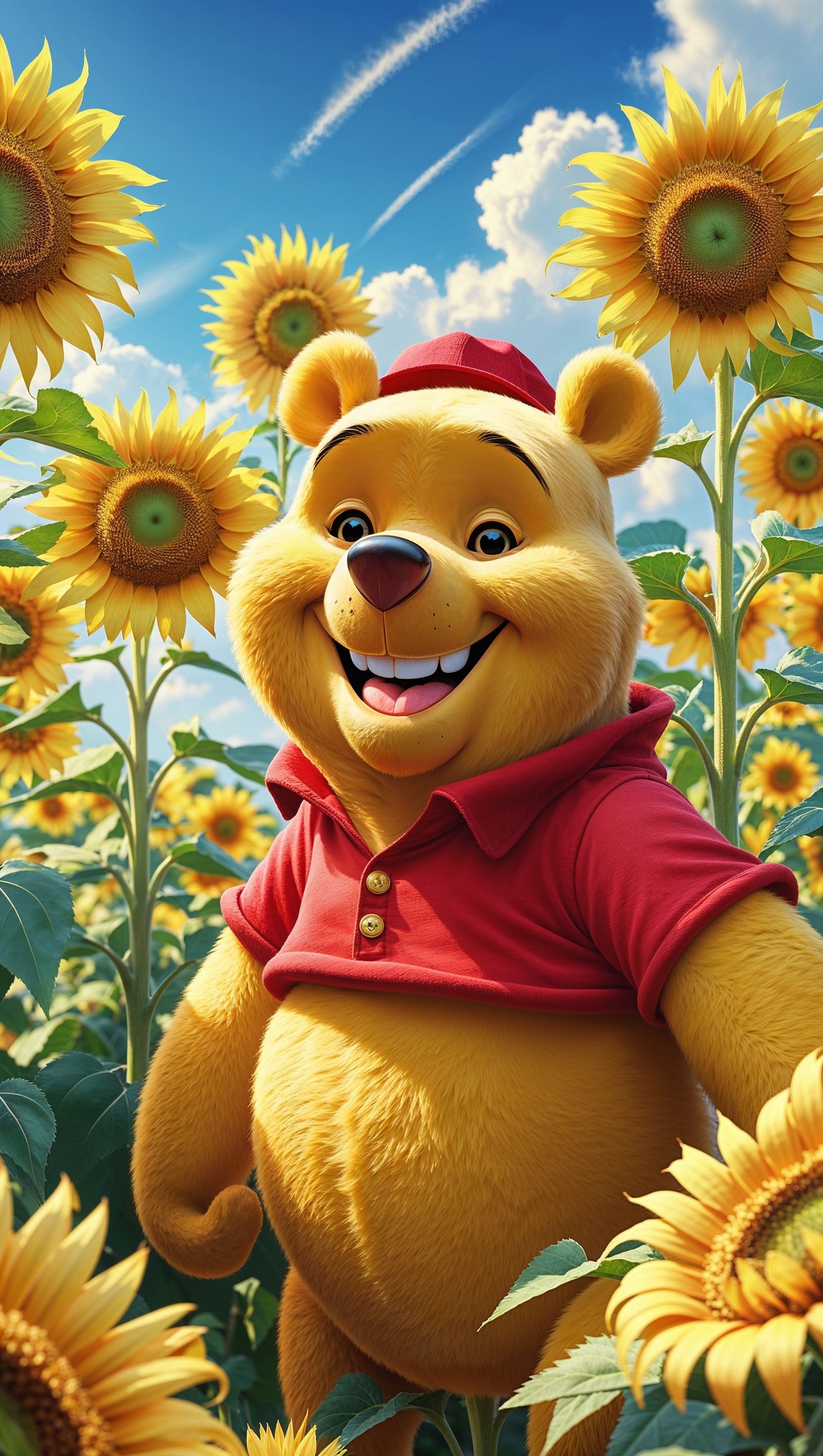 Pooh in a sunflower field smiling, bright cheerful iPhone wallpaper