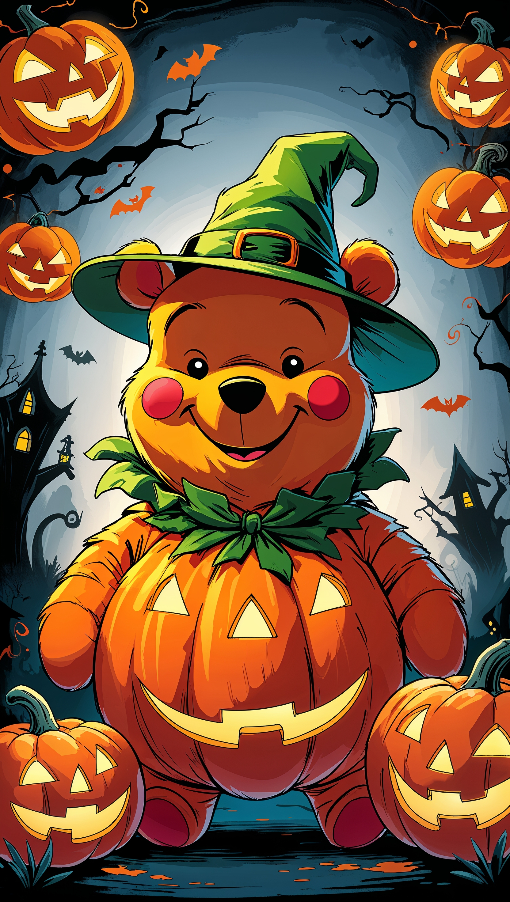 Halloween themed Pooh with pumpkin costume, cute spooky style