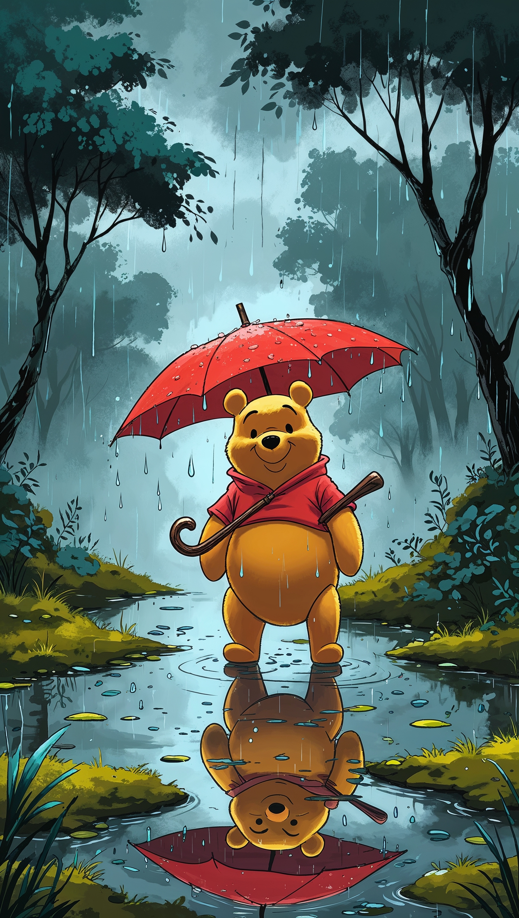 Pooh in a rainy scene with umbrella and puddles, cozy mood