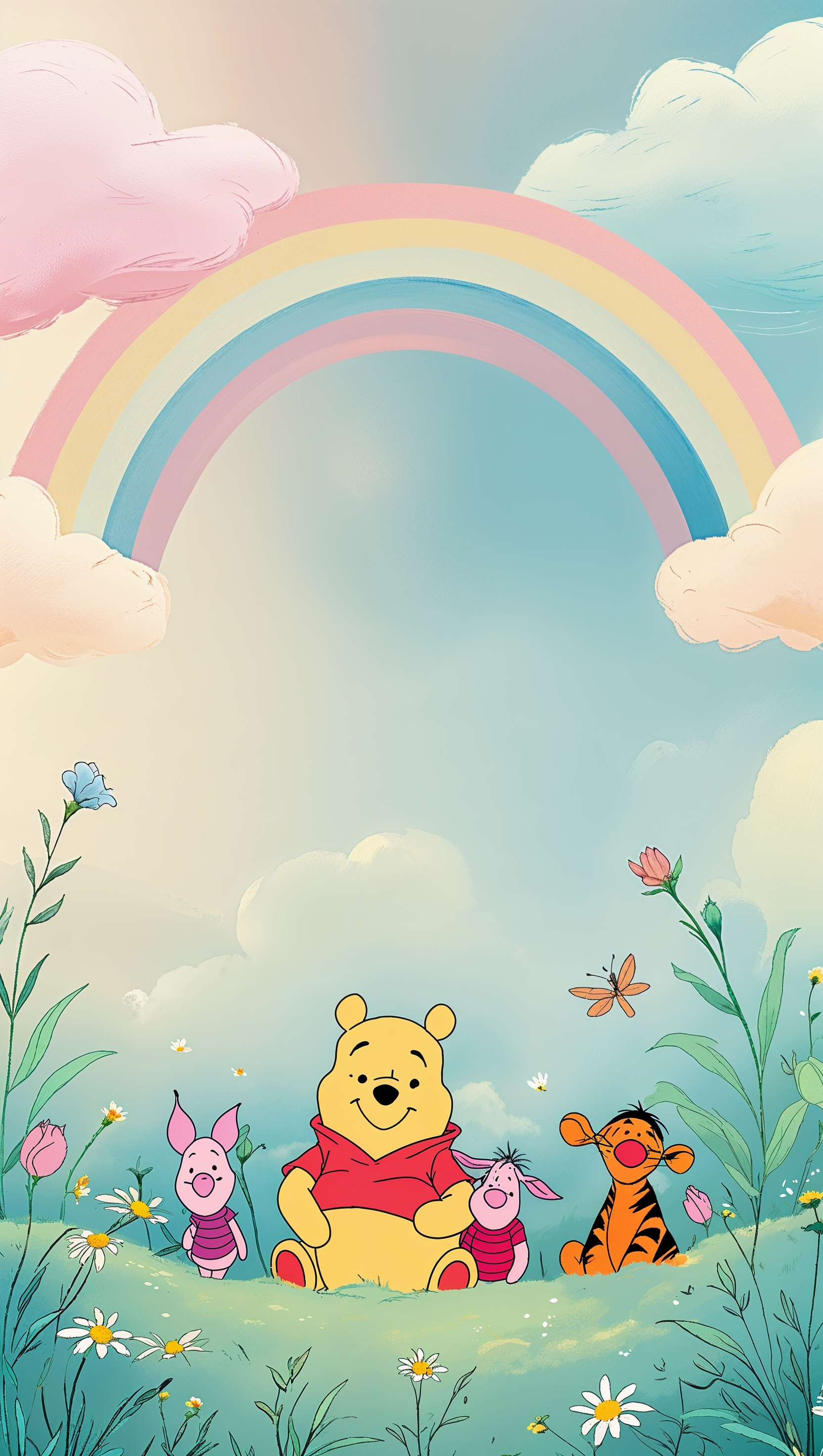 Pooh themed wallpaper with pastel clouds and rainbow, dreamy iPhone background