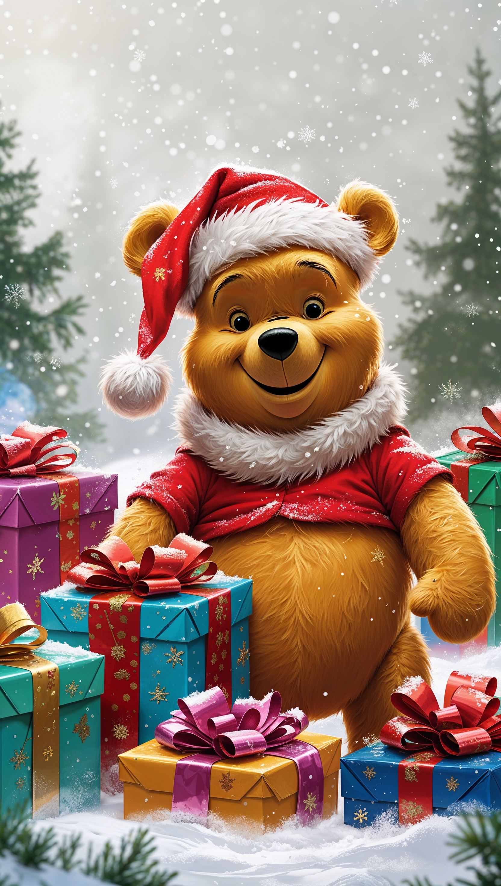 Christmas Pooh wallpaper with snow, Santa hat, and presents