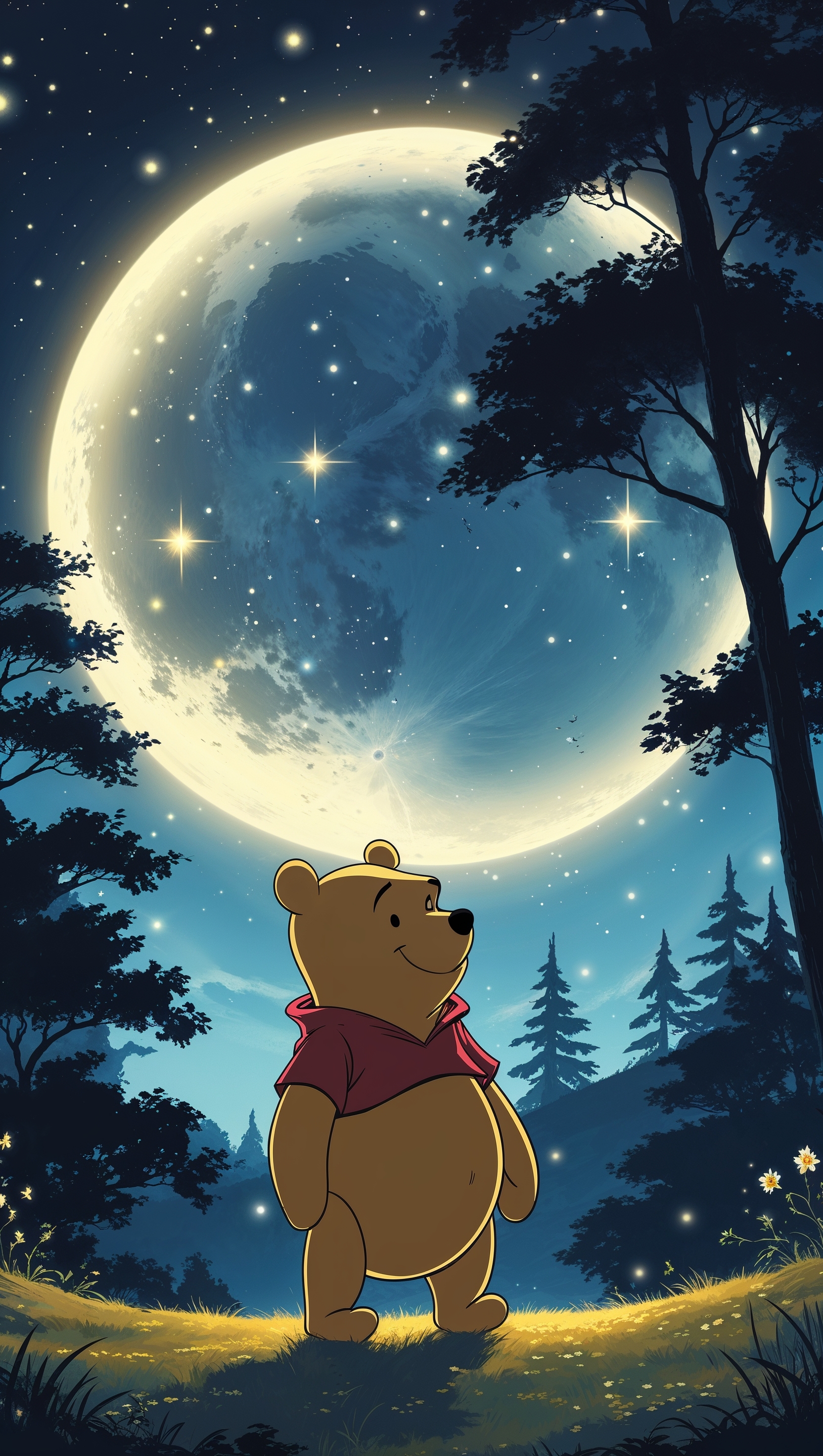 Dark mode Pooh wallpaper with glowing stars and moon