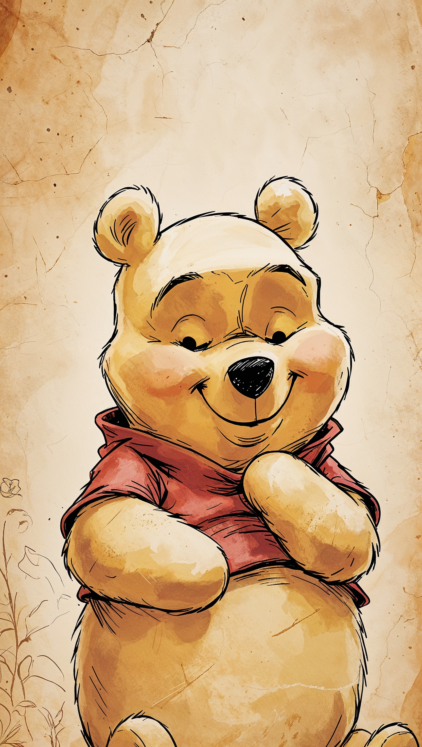 Aesthetic vintage Pooh sketch with paper texture, iPhone wallpaper