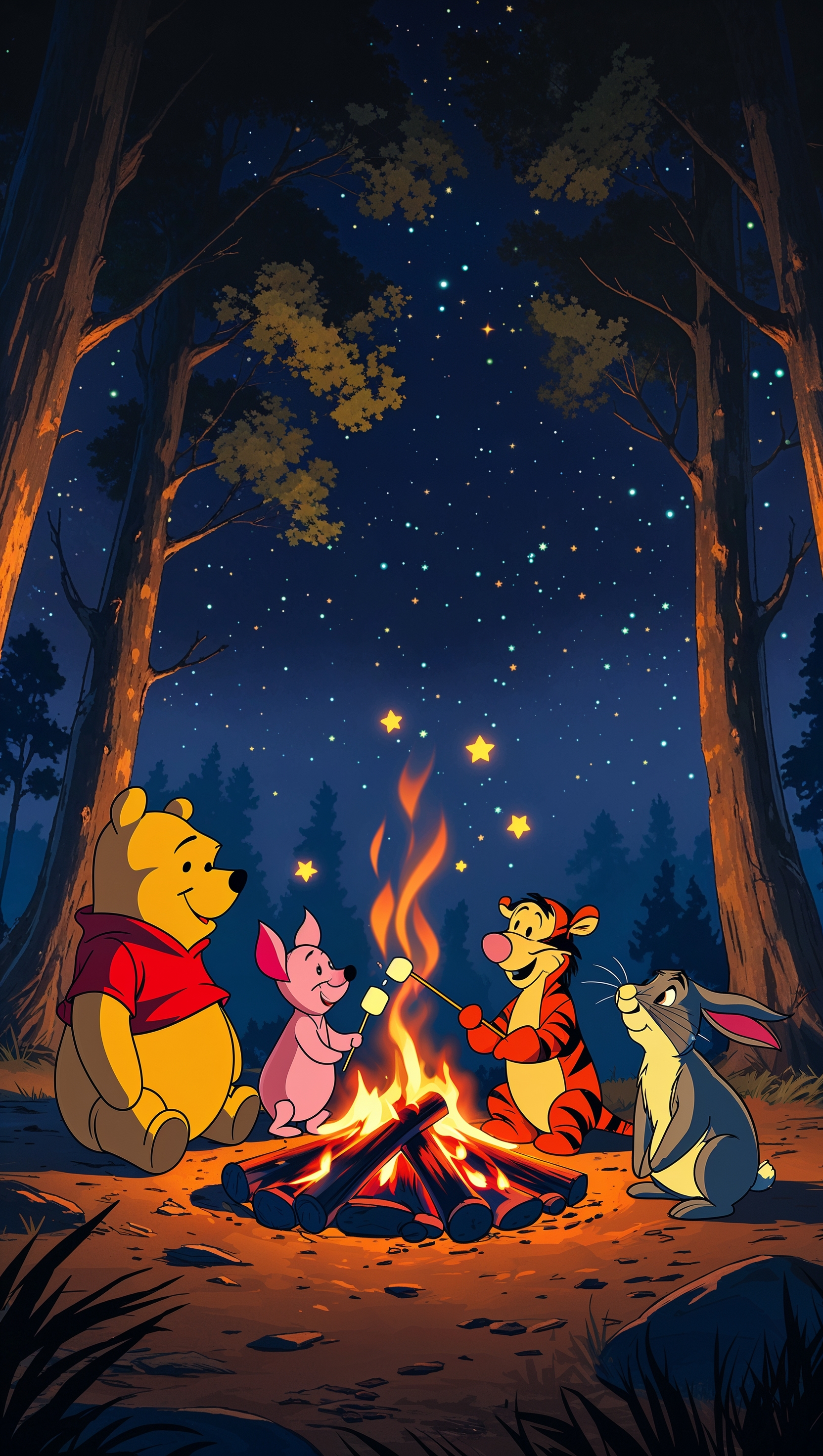 Pooh and friends around a campfire under the stars, cozy night wallpaper