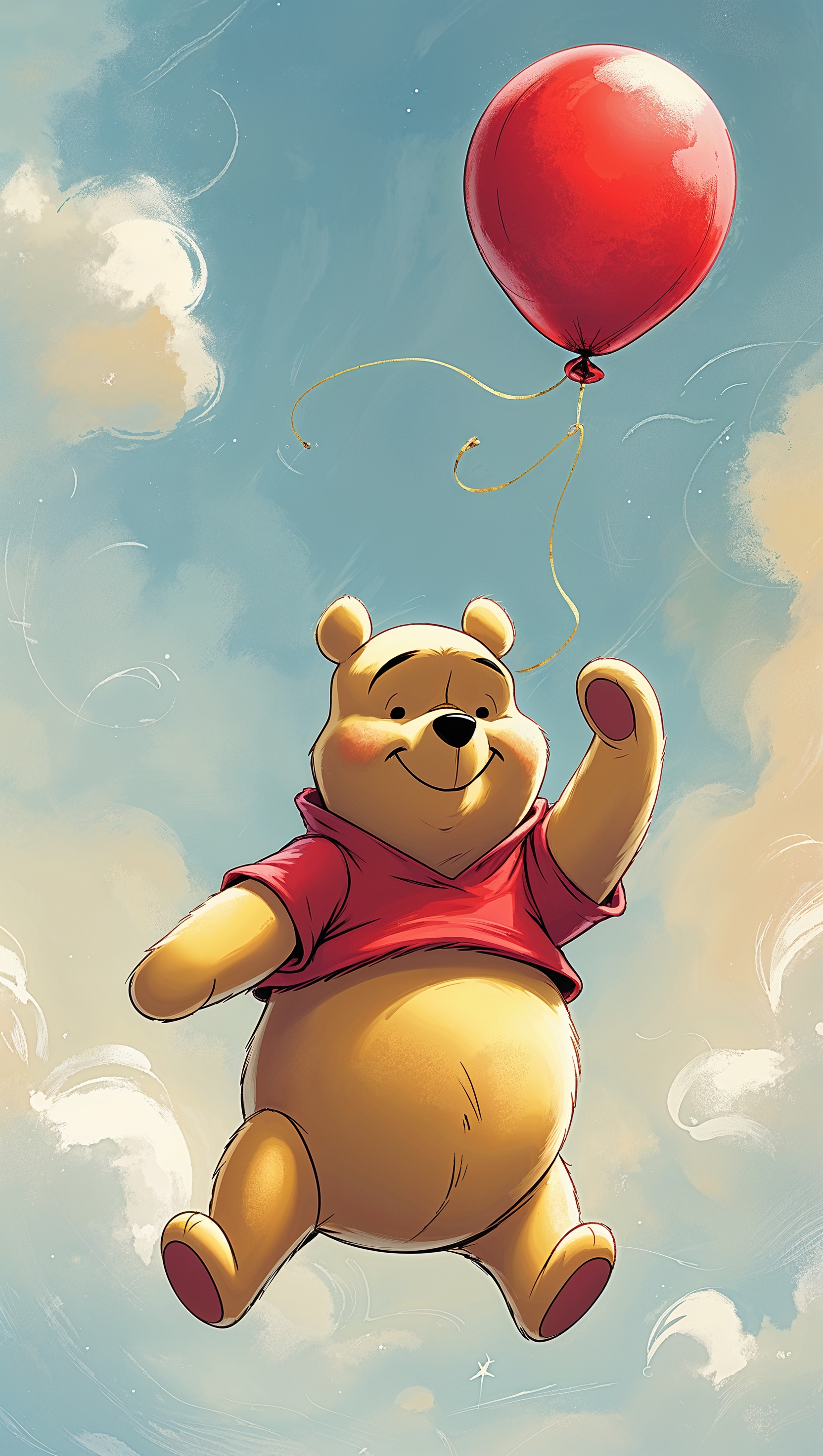 Pooh floating with a red balloon in the sky, dreamy style, iPhone wallpaper