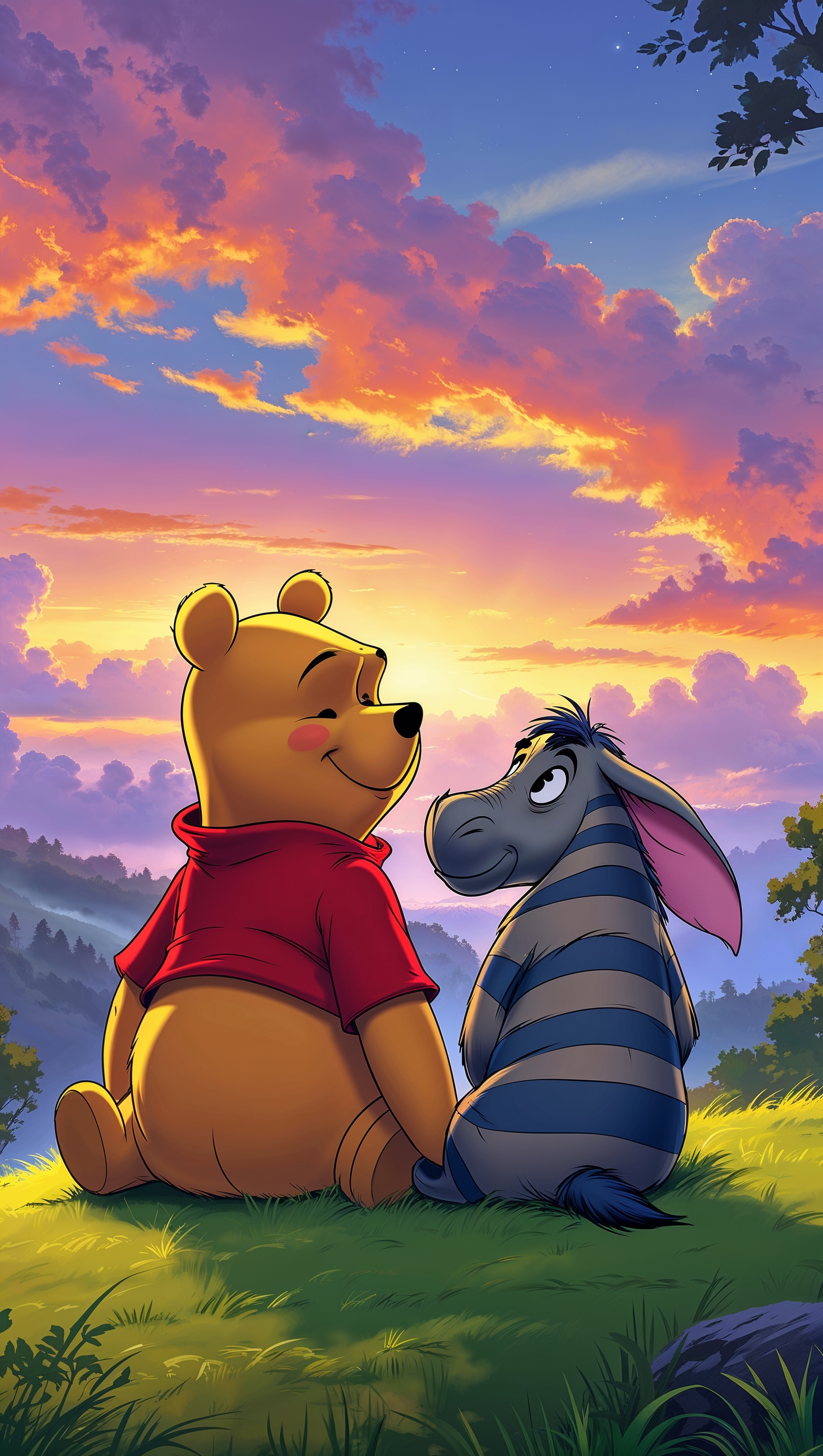Pooh and Eeyore watching the sunset, peaceful scene, iPhone wallpaper