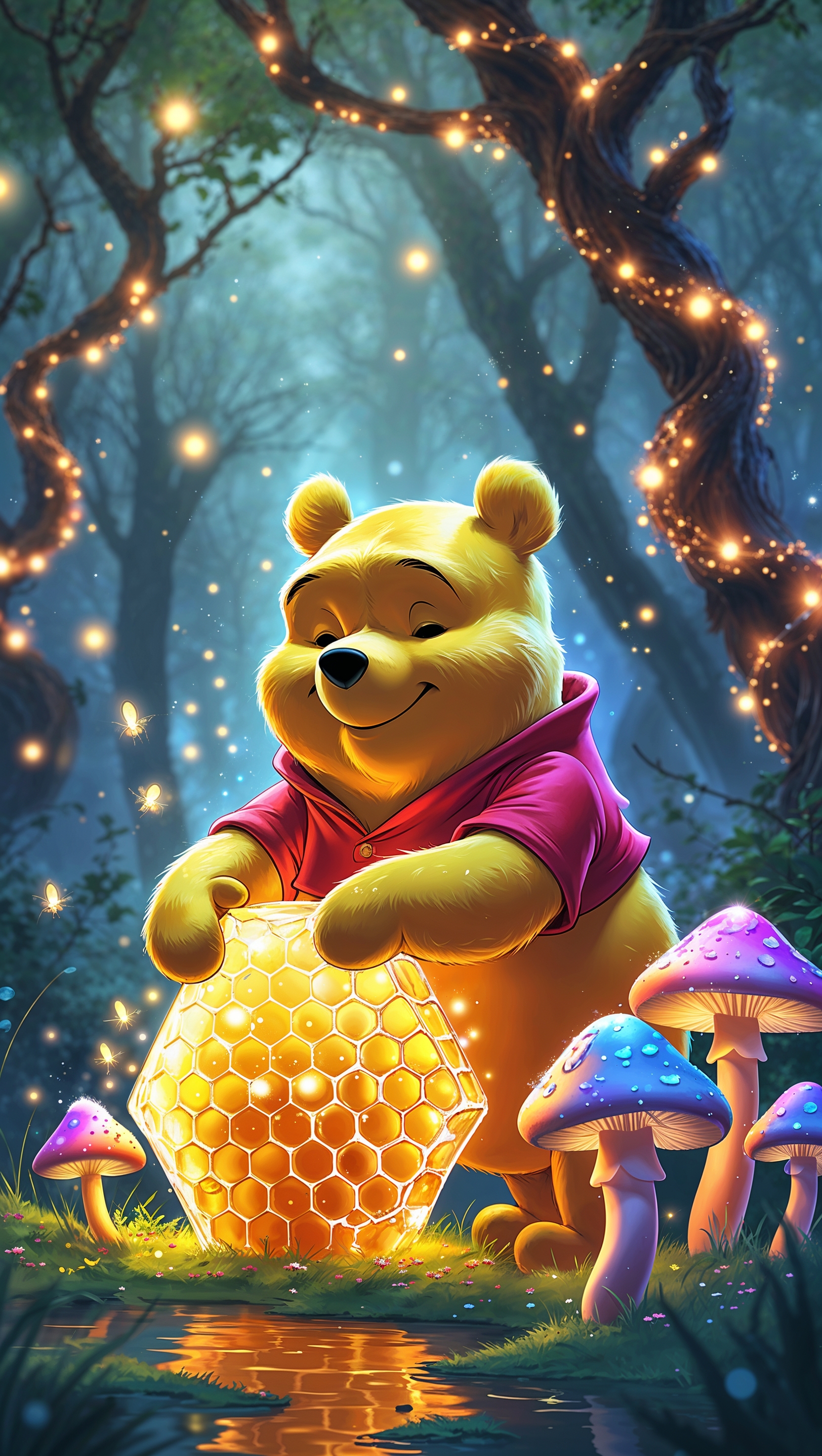 Fantasy version of Pooh with magical forest and glowing honey