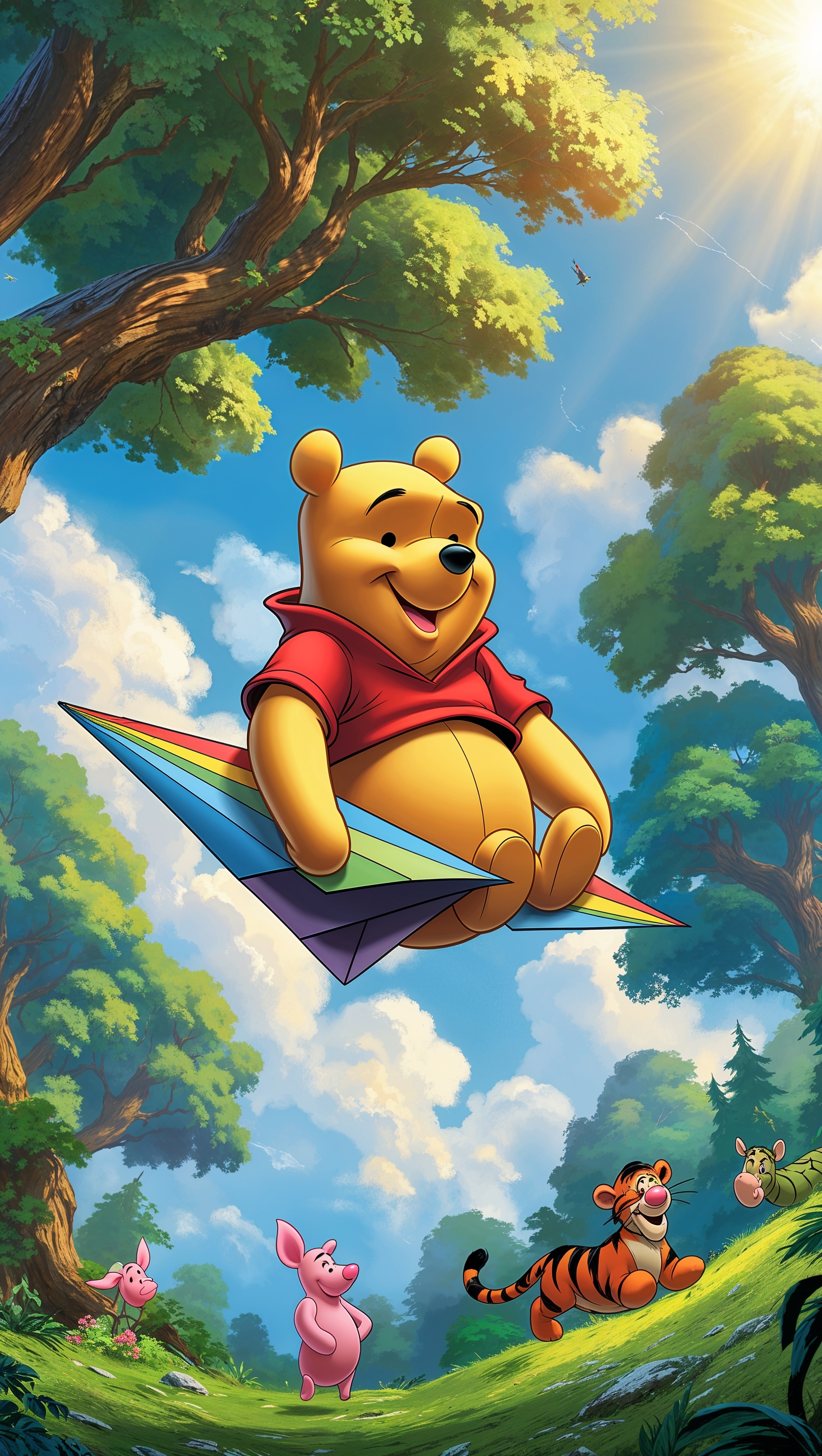Pooh riding a paper airplane over the Hundred Acre Wood