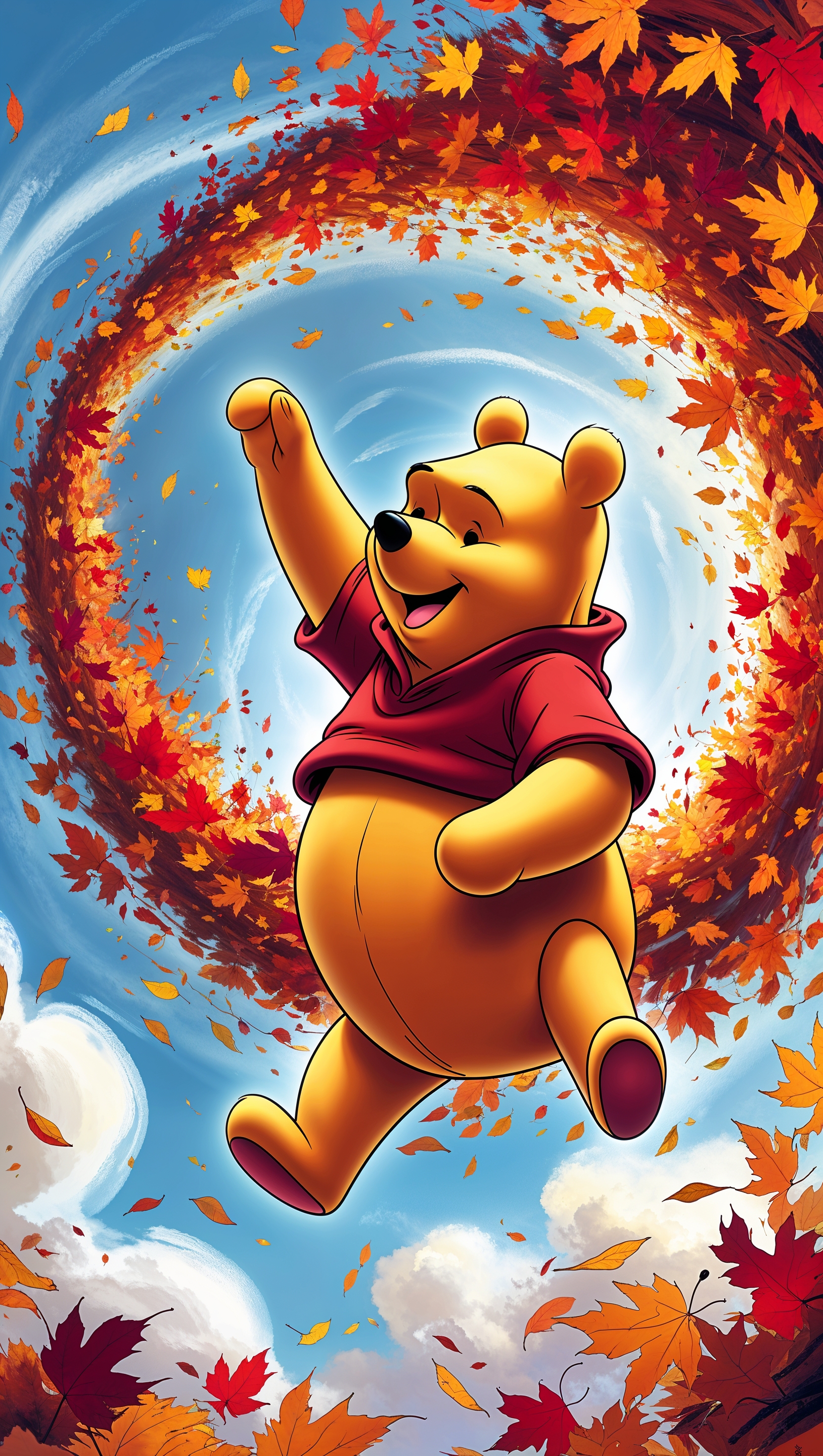 Pooh flying in the wind with leaves swirling around, autumn vibes