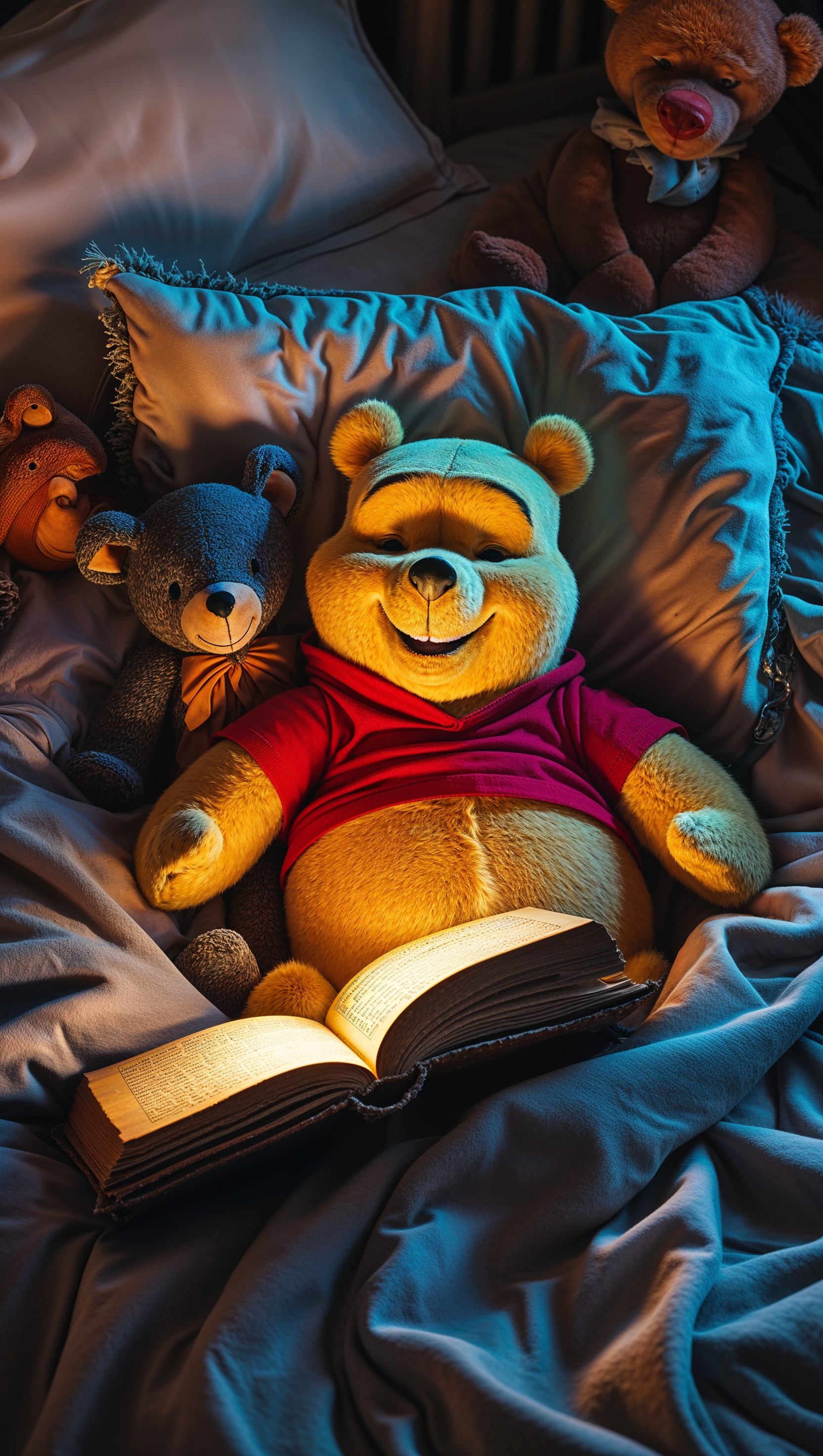 Pooh reading a book under a blanket, peaceful bedtime scene