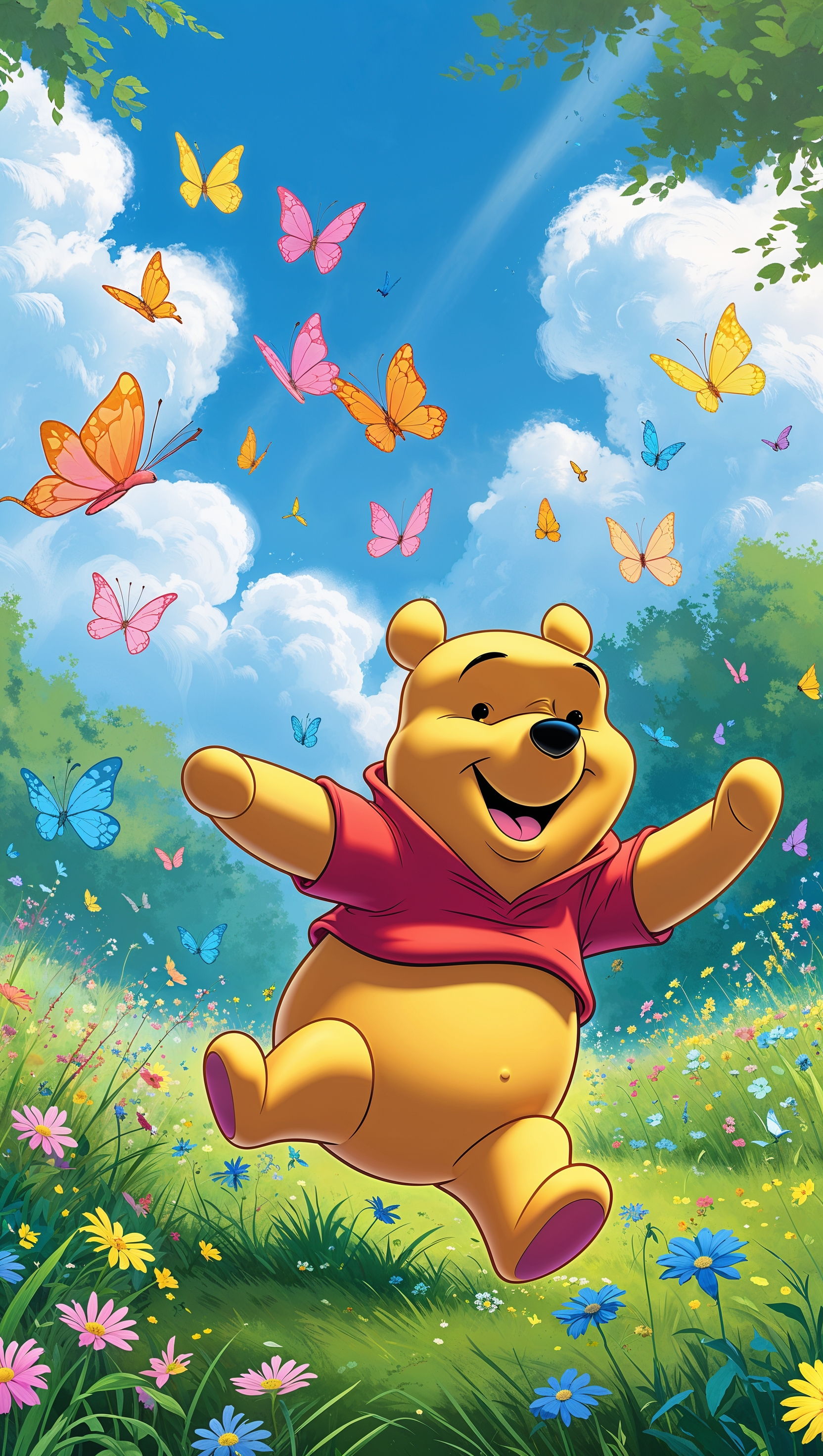 Cartoon style Pooh chasing butterflies in a meadow