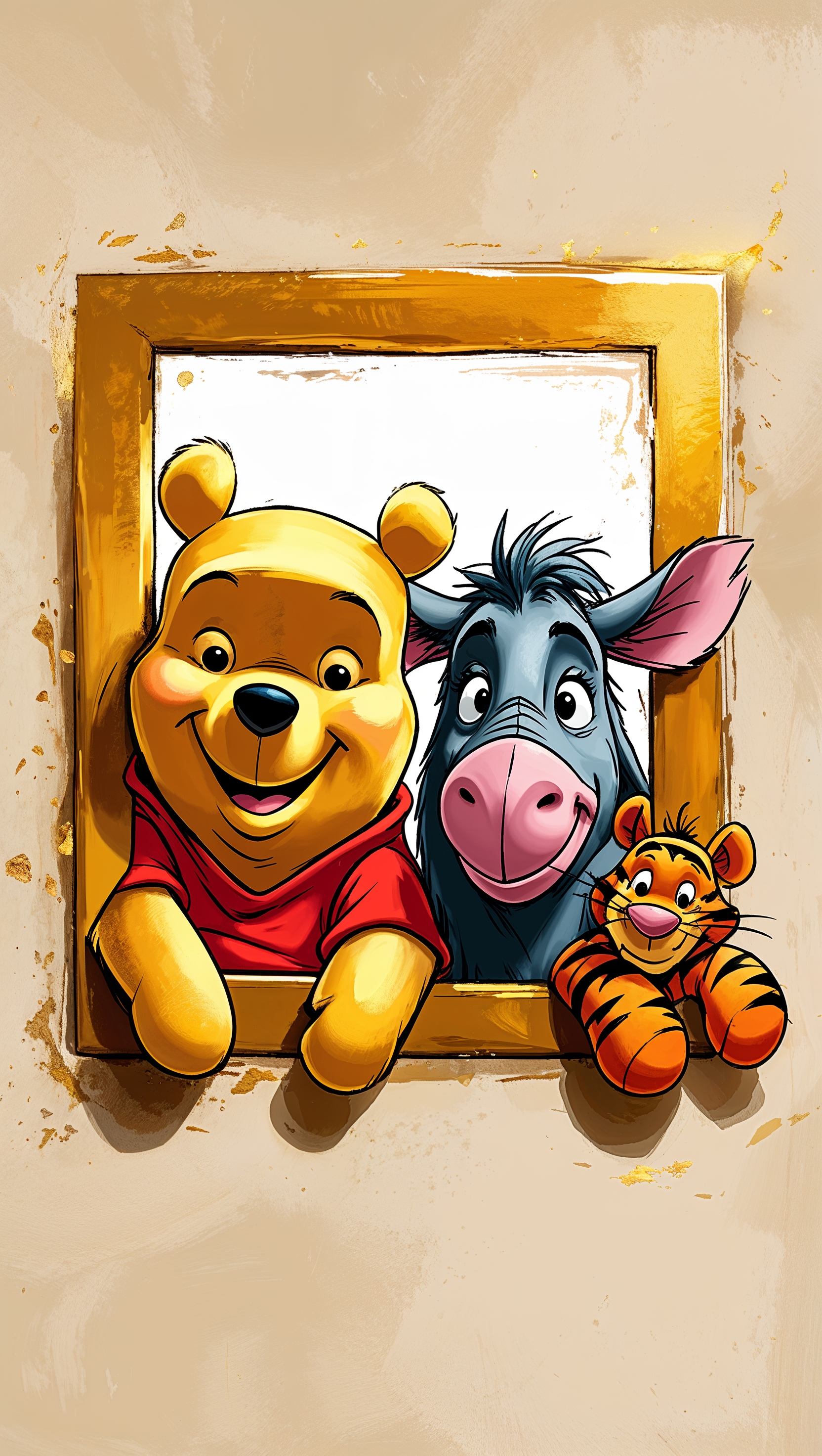 Pooh and friends peeking from the edge of the screen, playful design