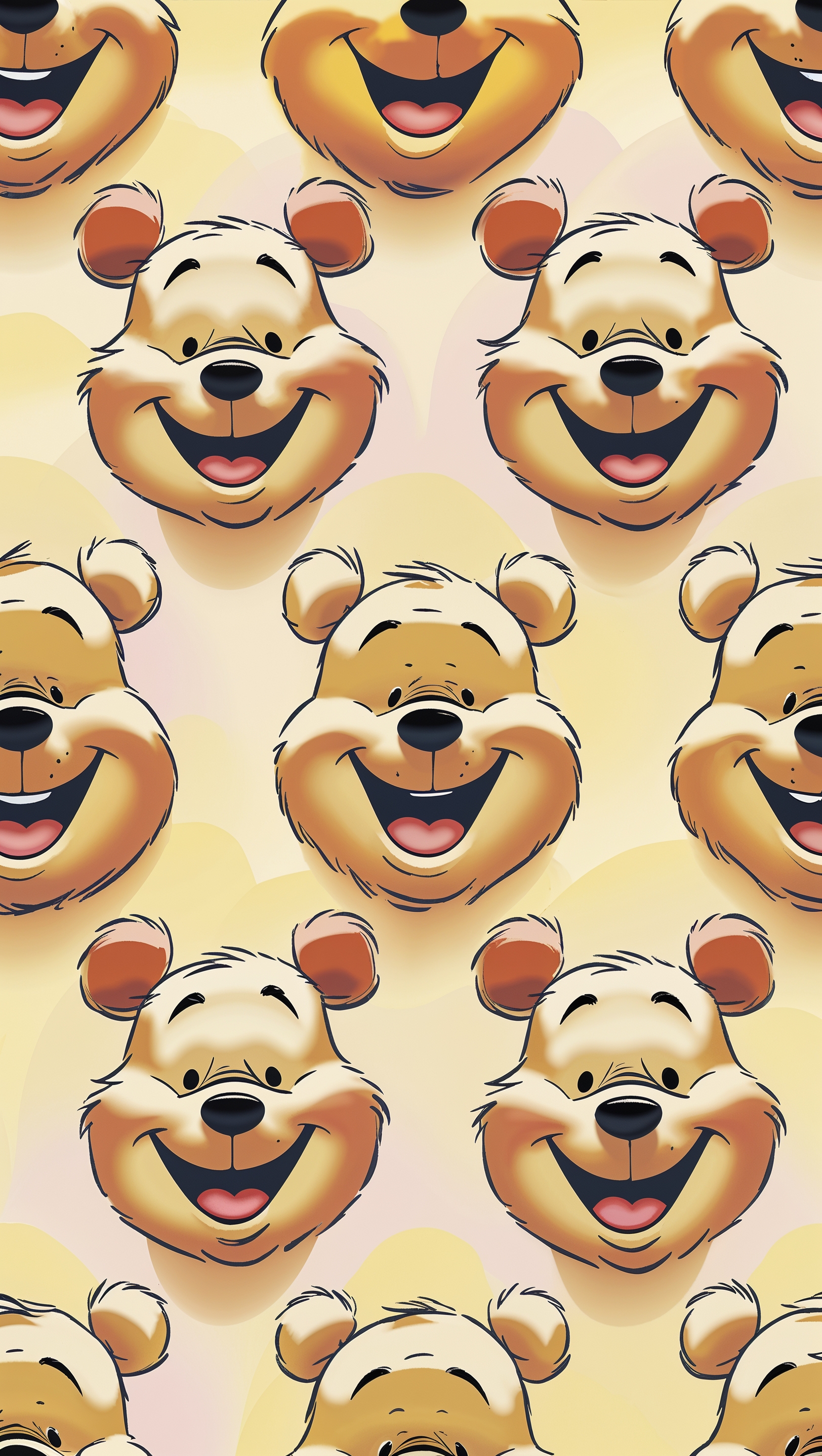 Cute Pooh face repeating pattern on pastel yellow, seamless wallpaper