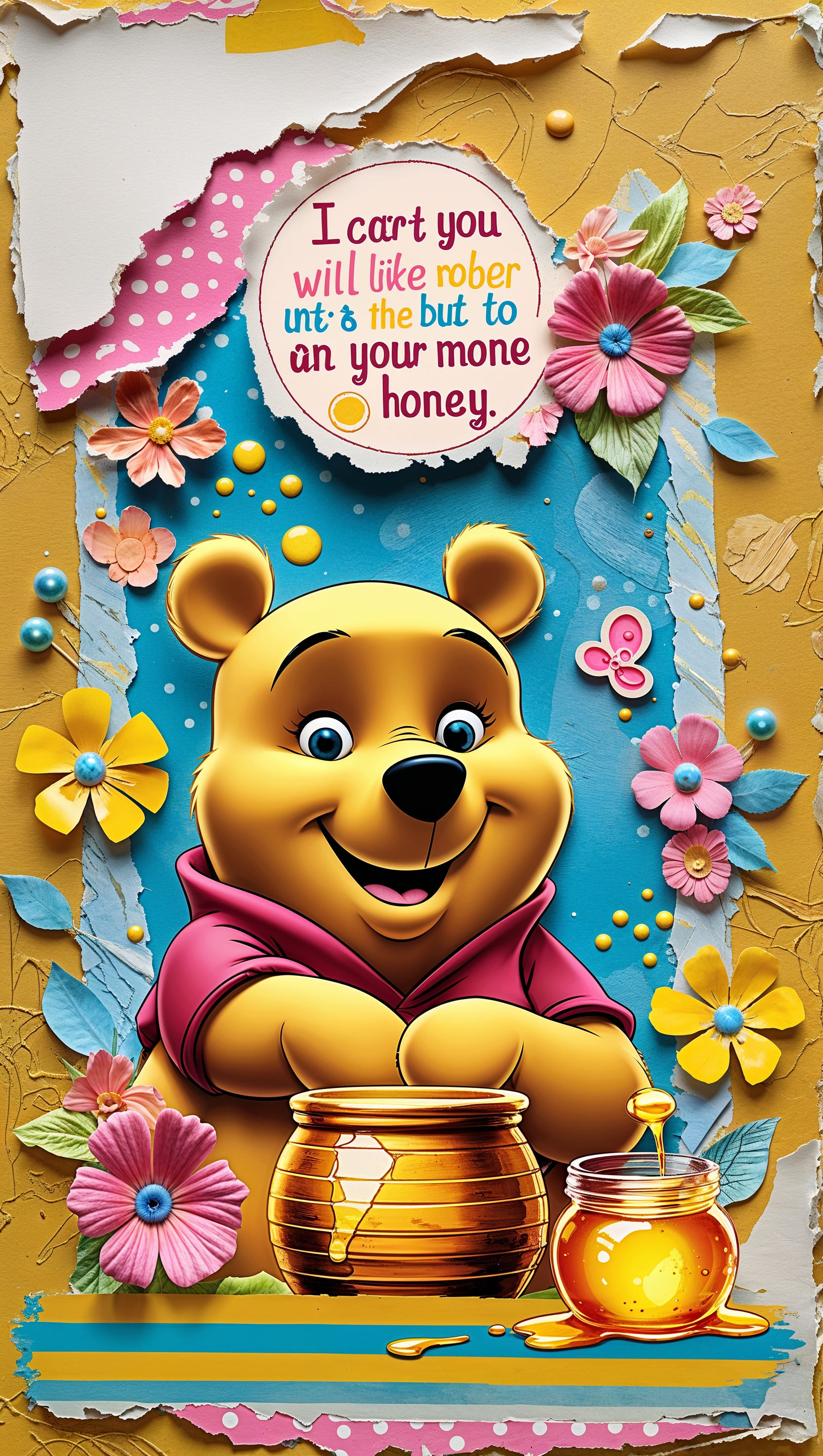 Aesthetic Pooh collage with quotes and honey, scrapbook style, iPhone wallpaper
