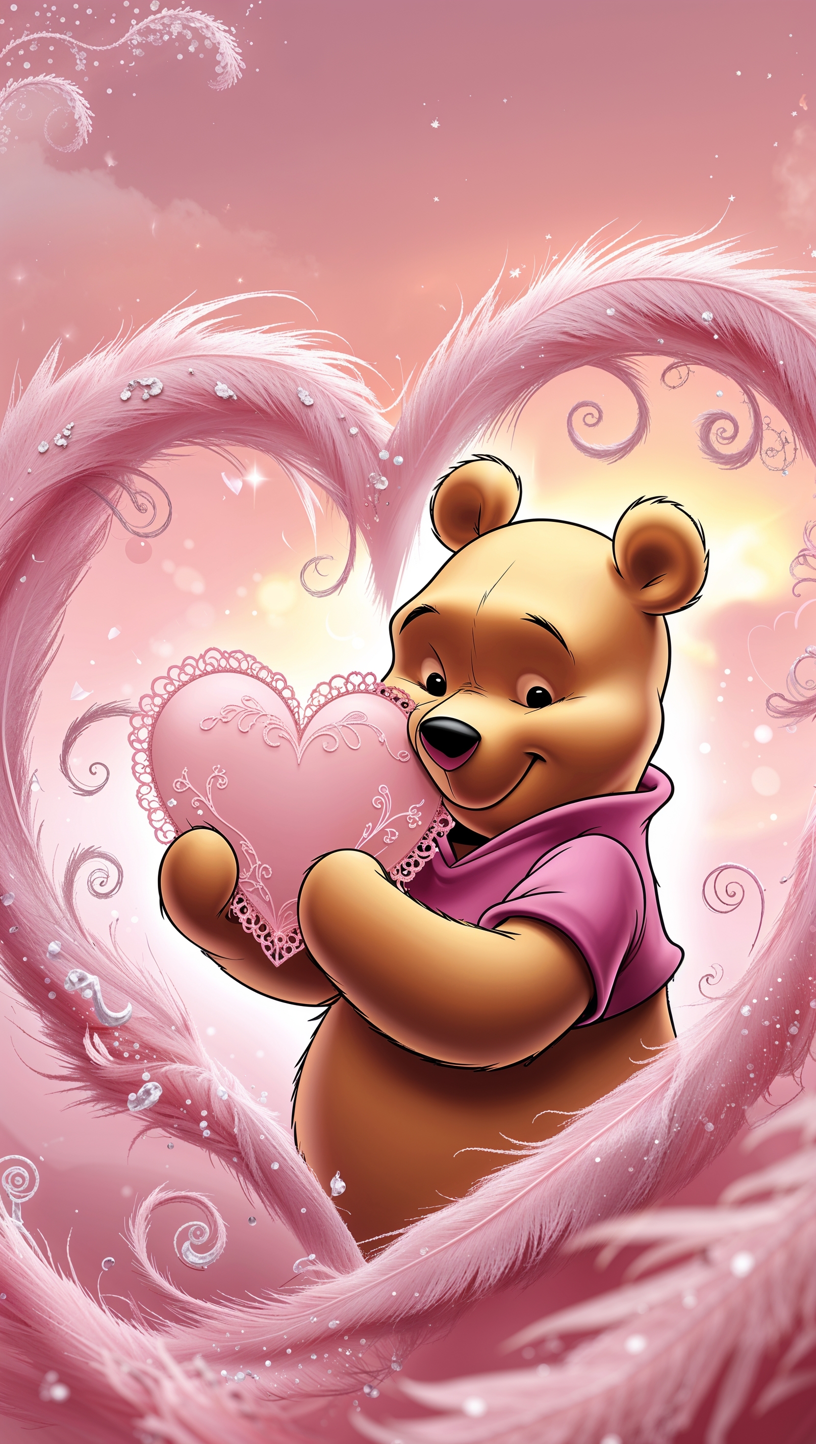 A dreamy pink background with Pooh holding a heart, romantic style