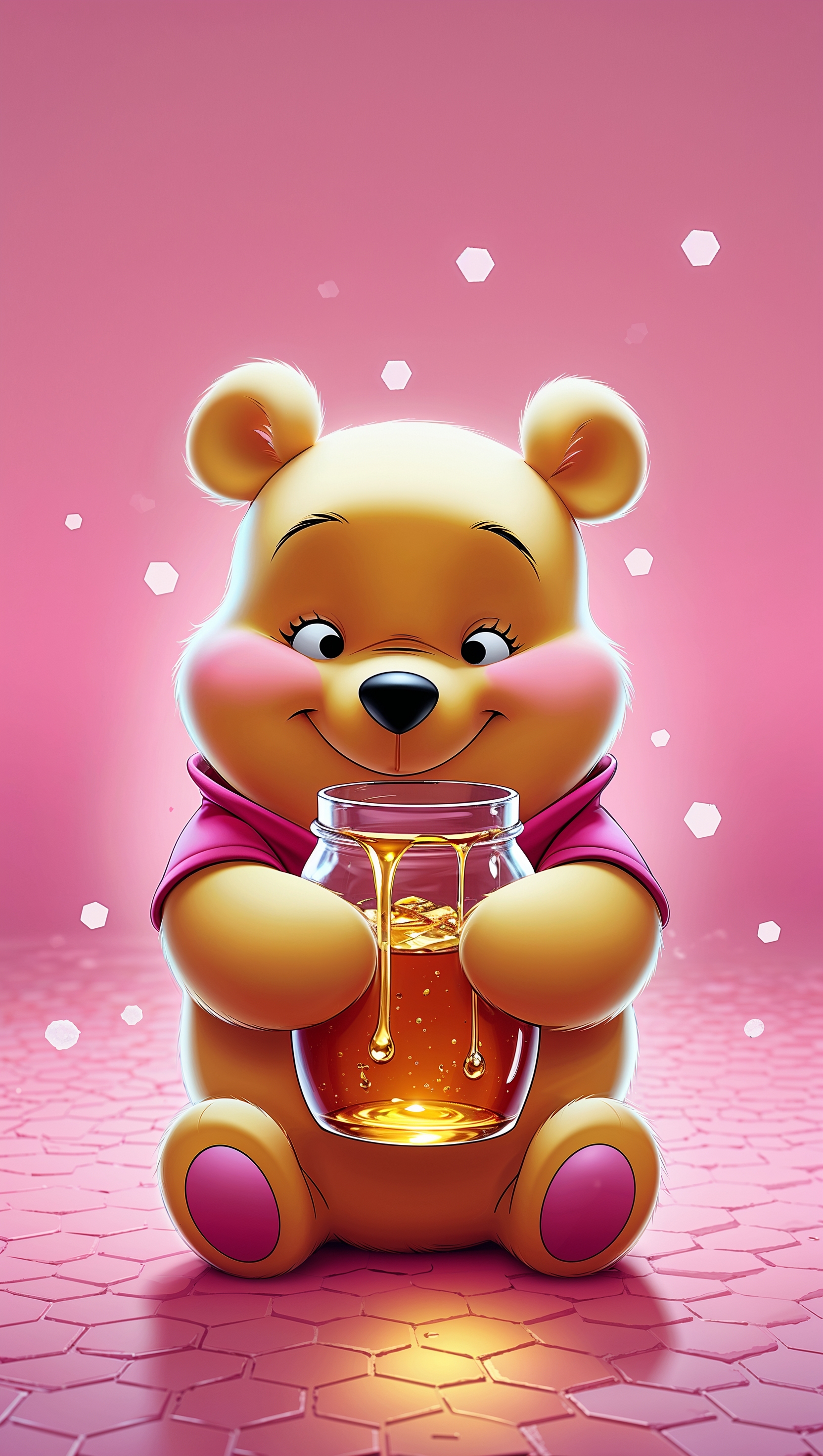 Kawaii Pooh in anime style holding honey jar, pink background, iPhone wallpaper