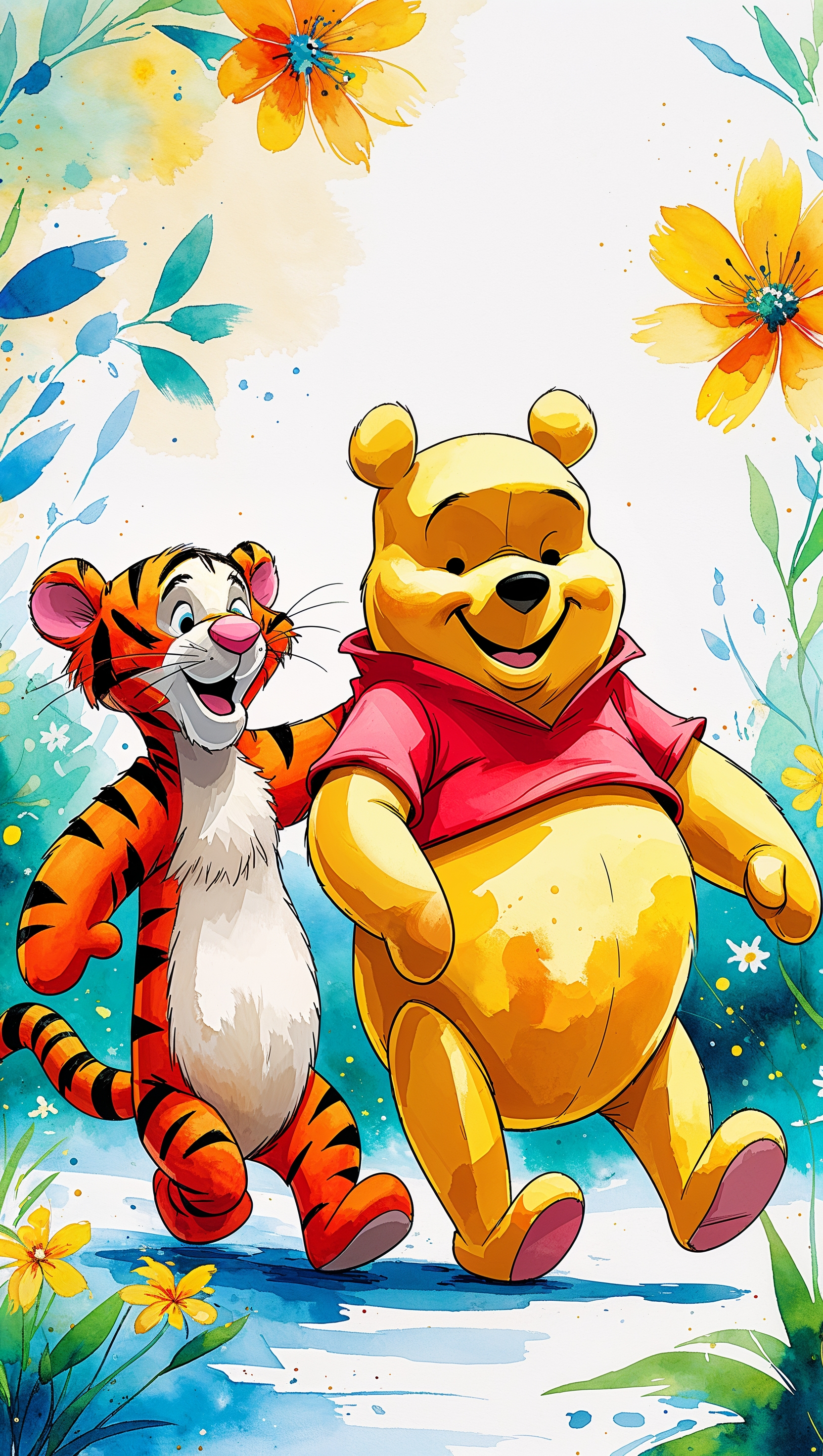 Watercolor Pooh walking with Tigger, bright happy colors, iPhone wallpaper