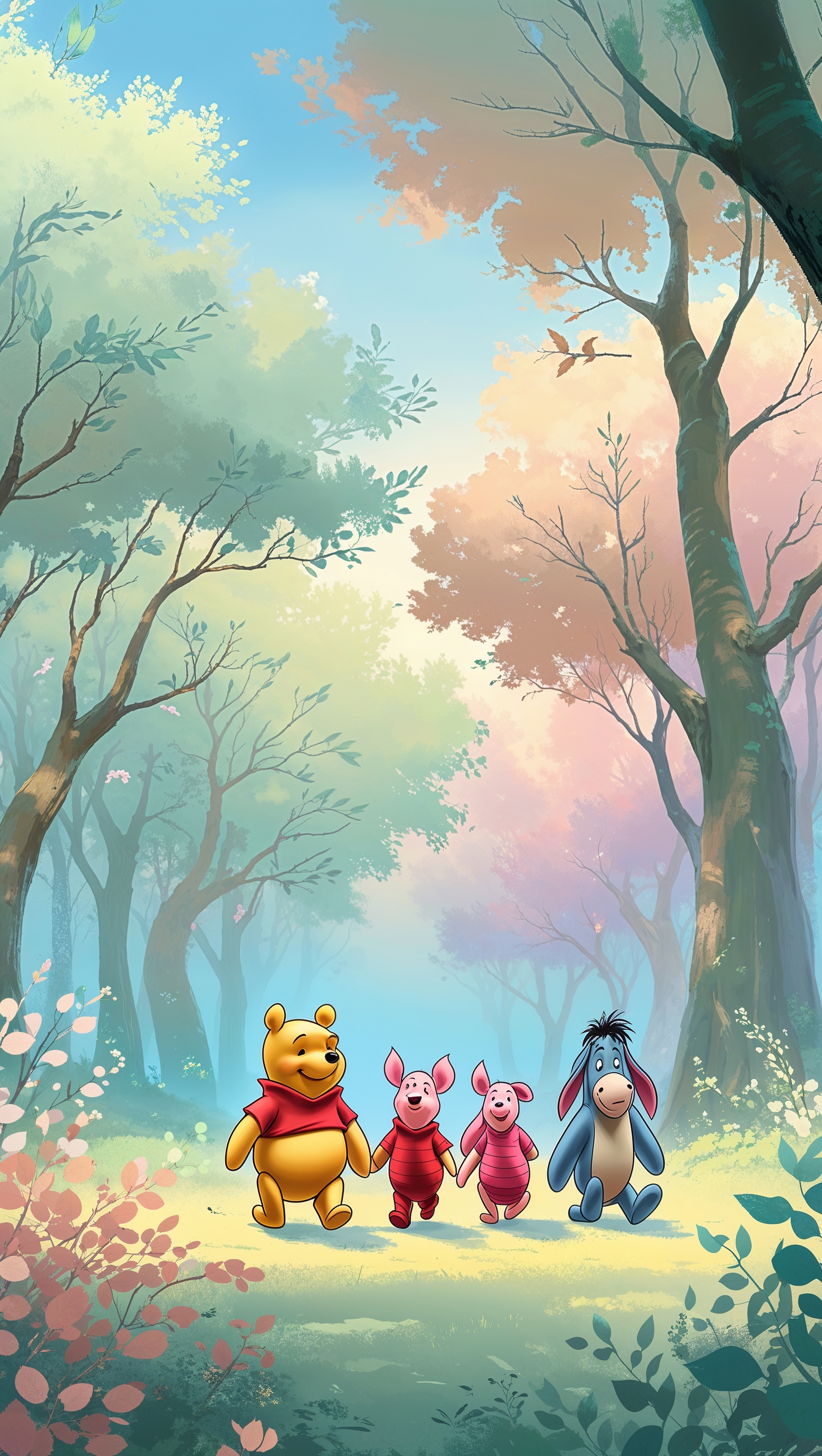 Winnie the Pooh and friends walking in the forest, soft pastel colors, iPhone wallpaper