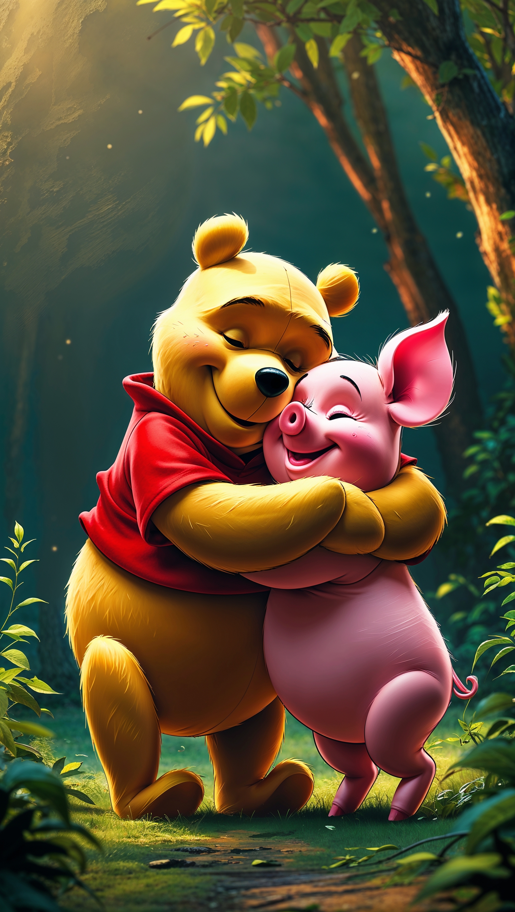 Winnie the Pooh hugging Piglet, warm cozy vibes, iPhone wallpaper