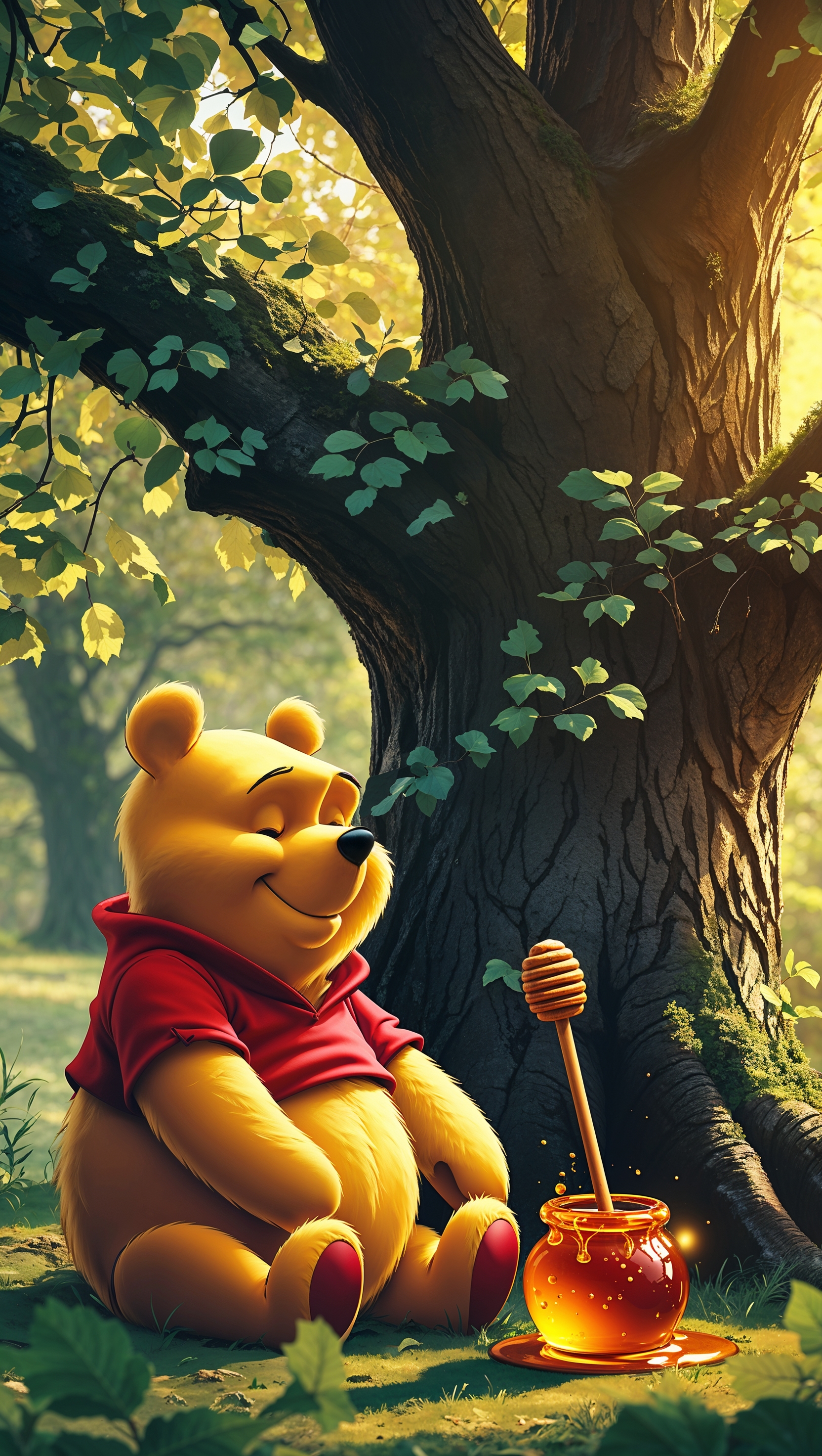 Cute Winnie the Pooh sitting under a tree with honey pot, iPhone wallpaper