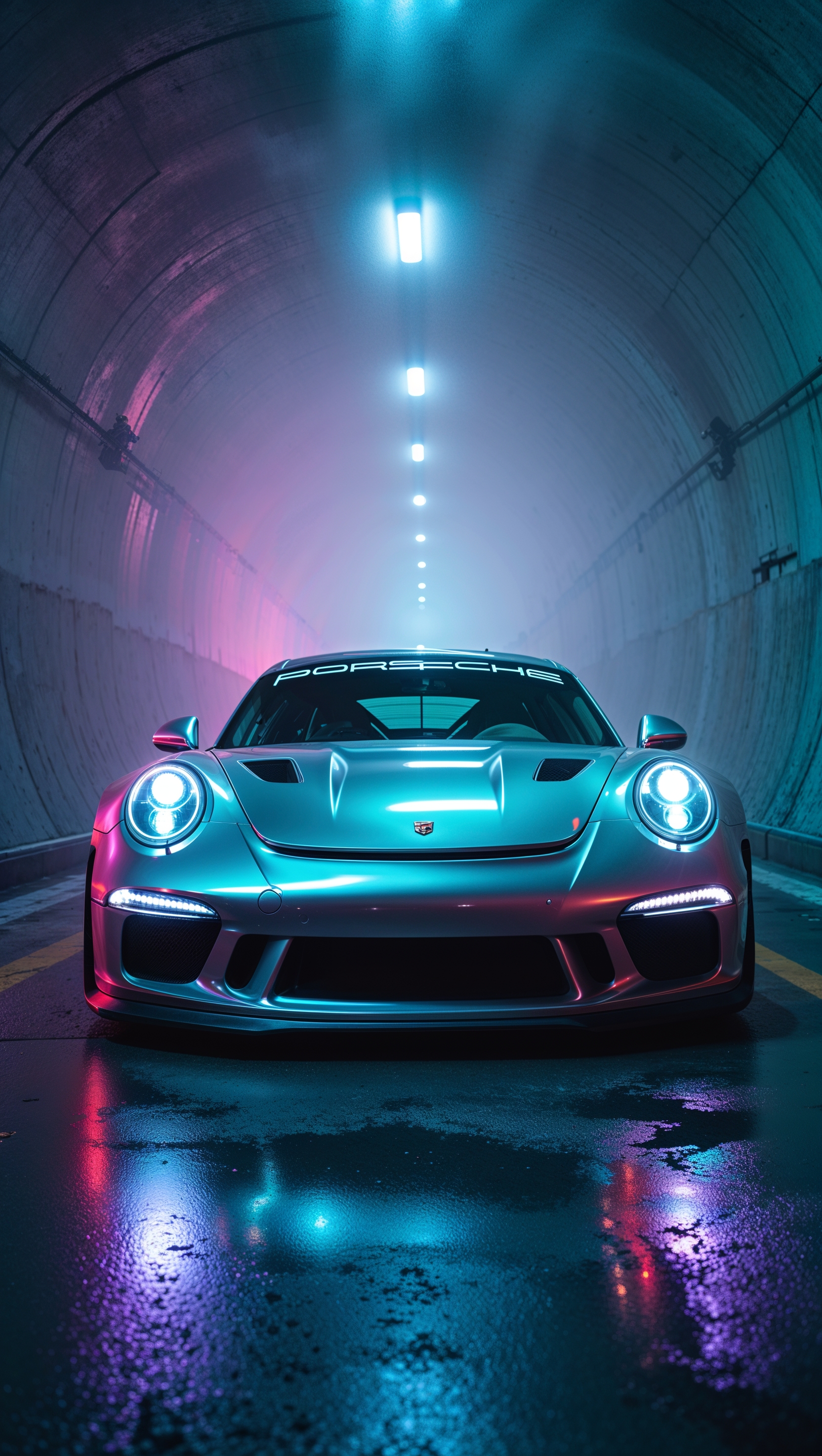 Porsche 911 GT3 RS in a tunnel with colorful lights