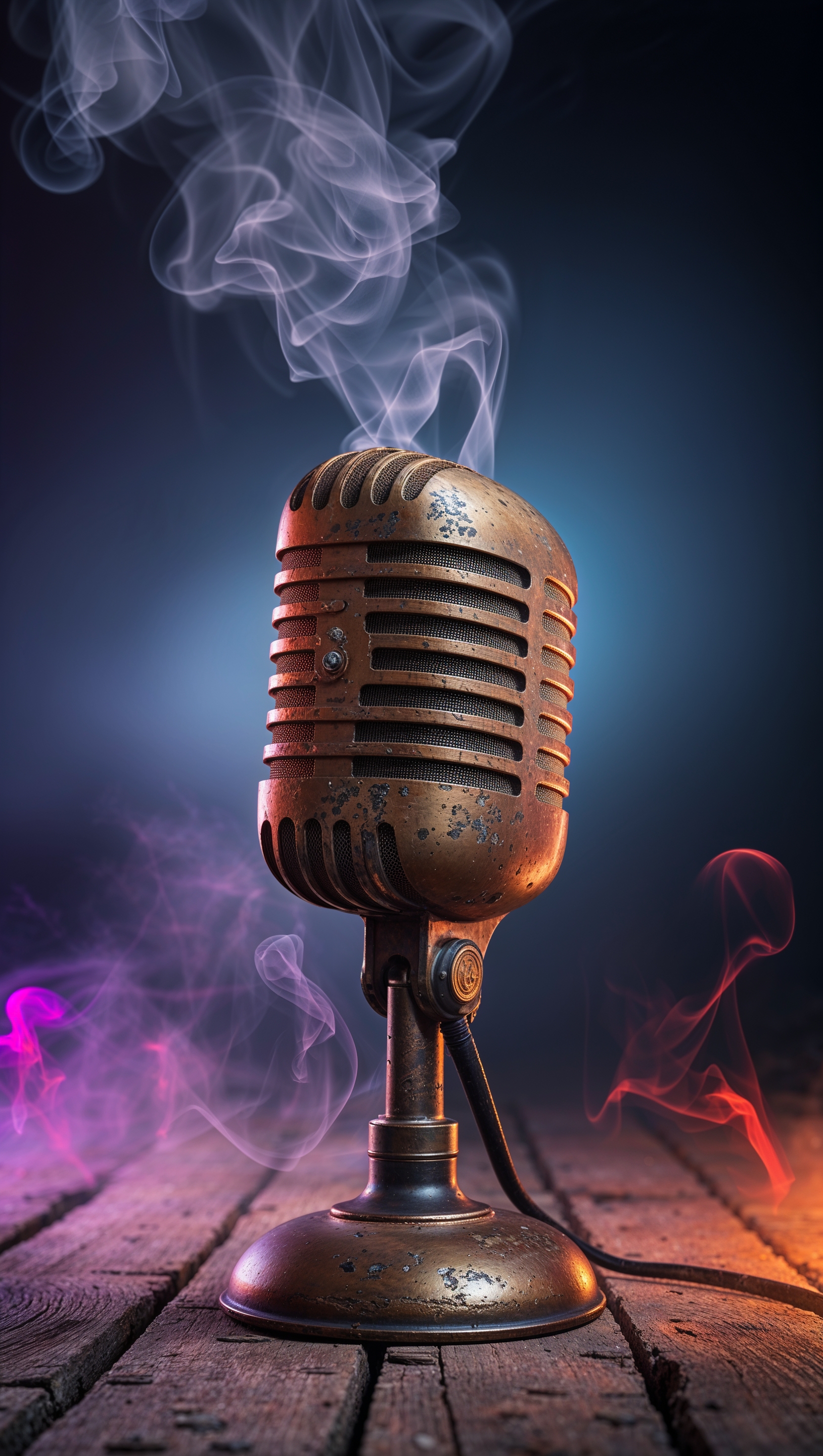 Vintage microphone with smoke effect and colorful lights on a dark background