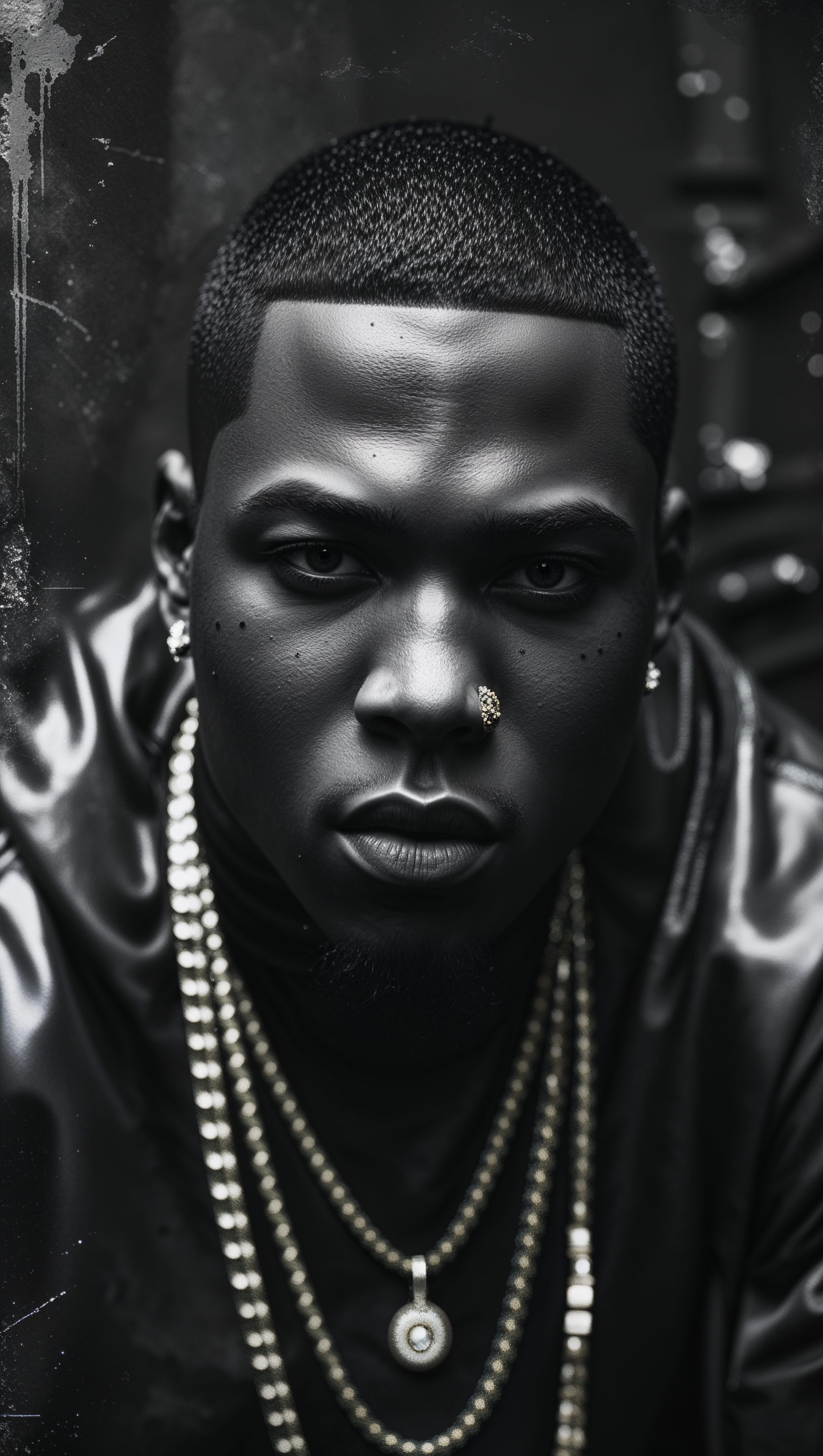 Black and white photo of a rapper with grain effect