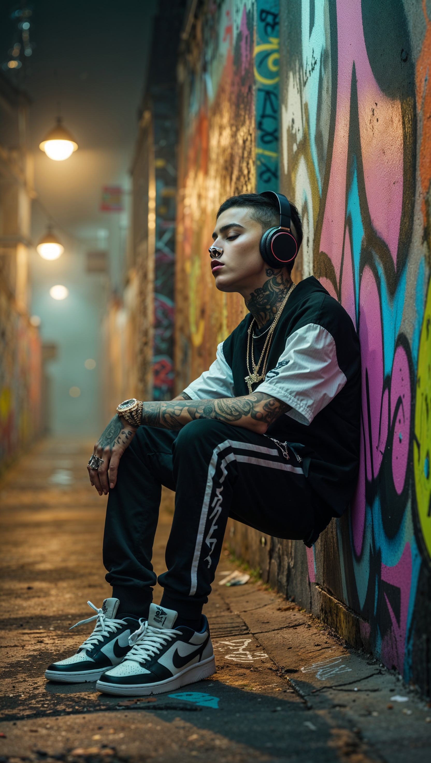 Listening to rap music with headphones in a graffiti space