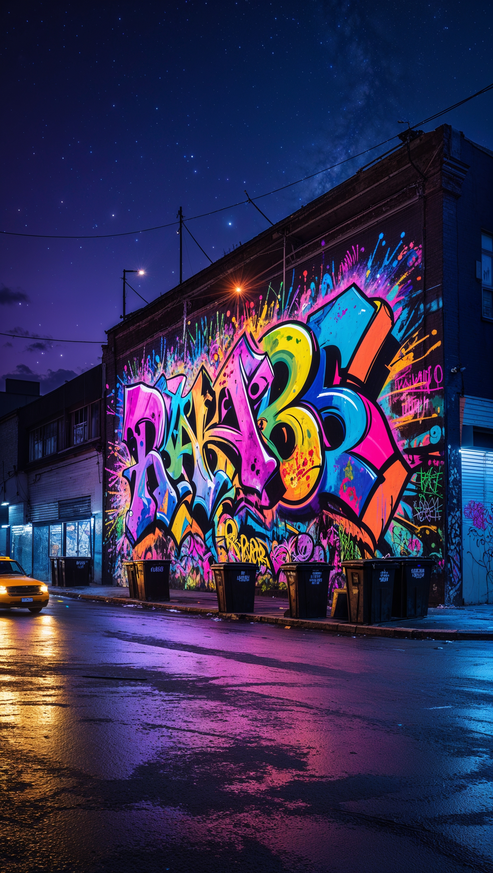 Night street with rap mural and neon light