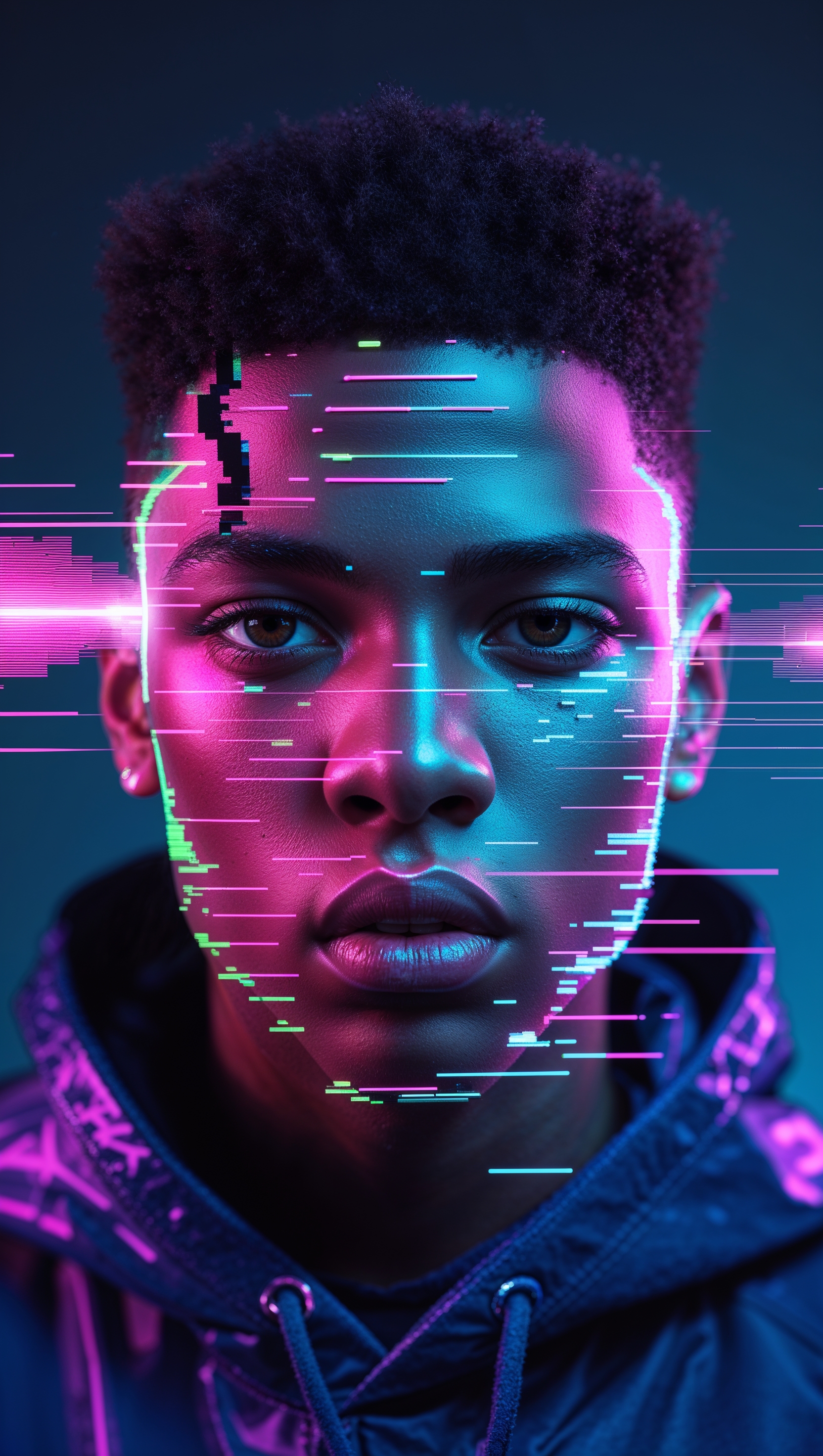Rapper’s face with digital glitch effect and vivid colors