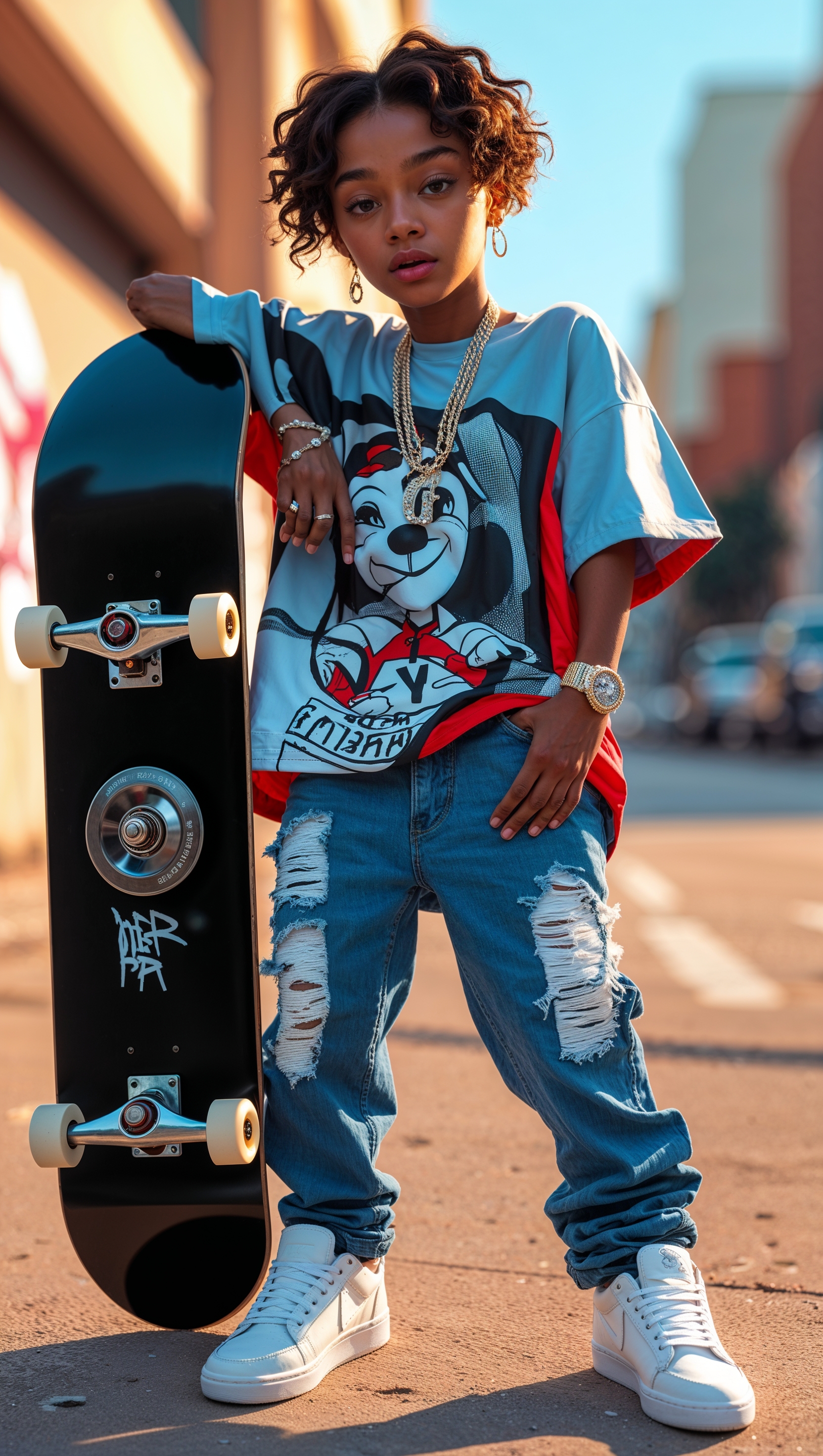 Teen rapper with a skateboard and streetwear outfit