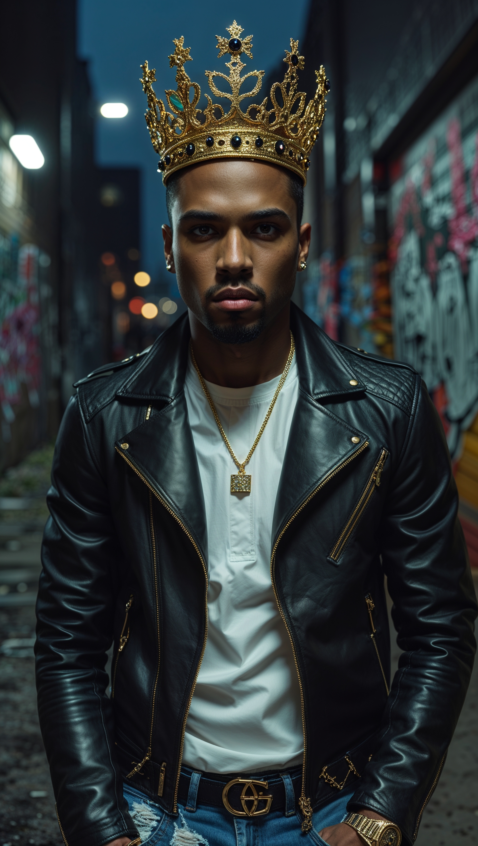 Rapper with a golden crown, royal and street style mix