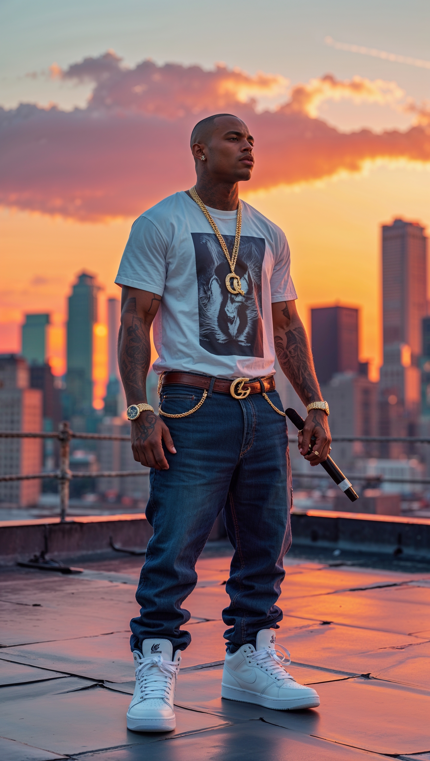 Rapper standing on a rooftop at sunset