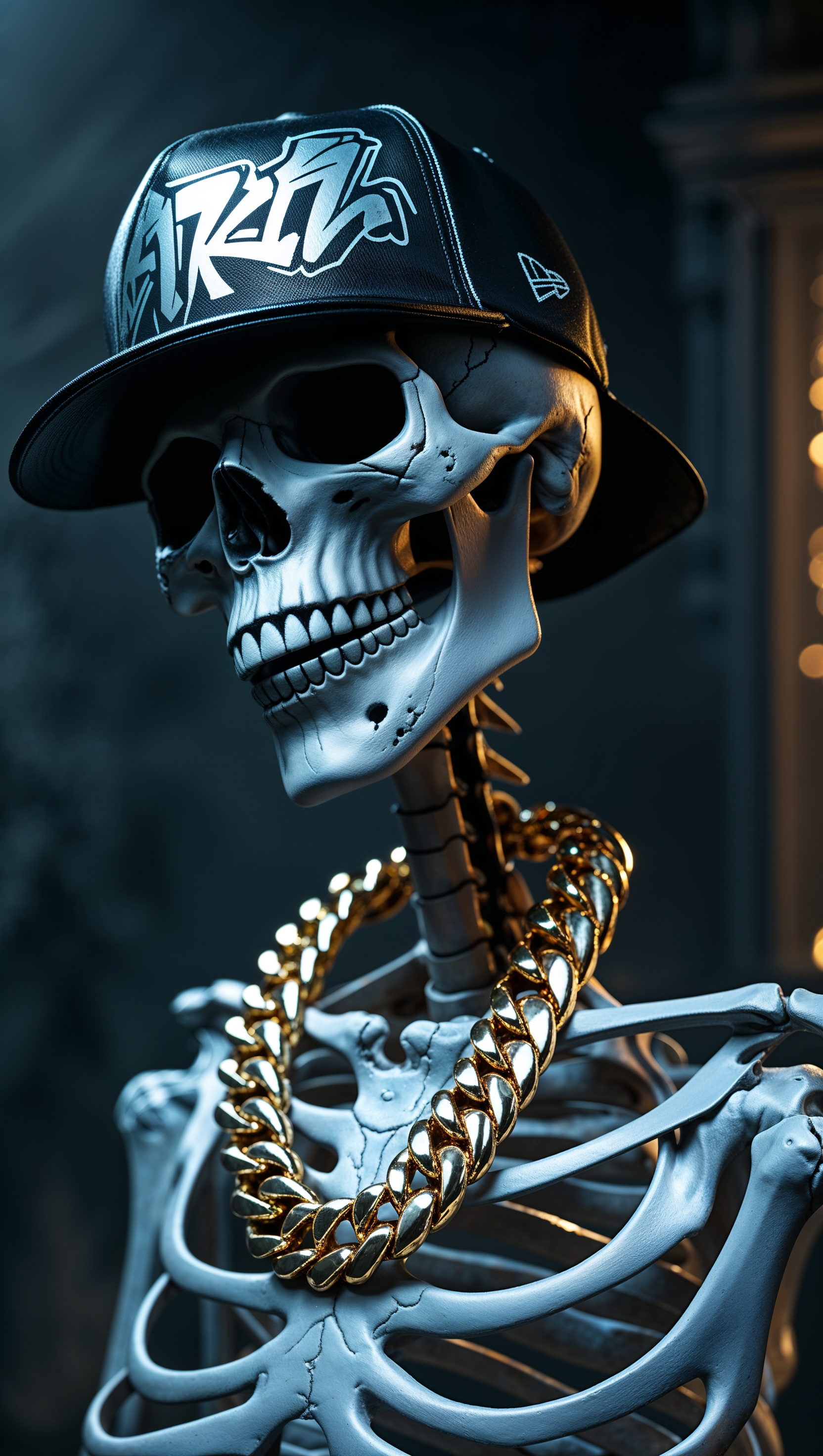 Skeleton with a rap cap and golden chain, dark and cool style