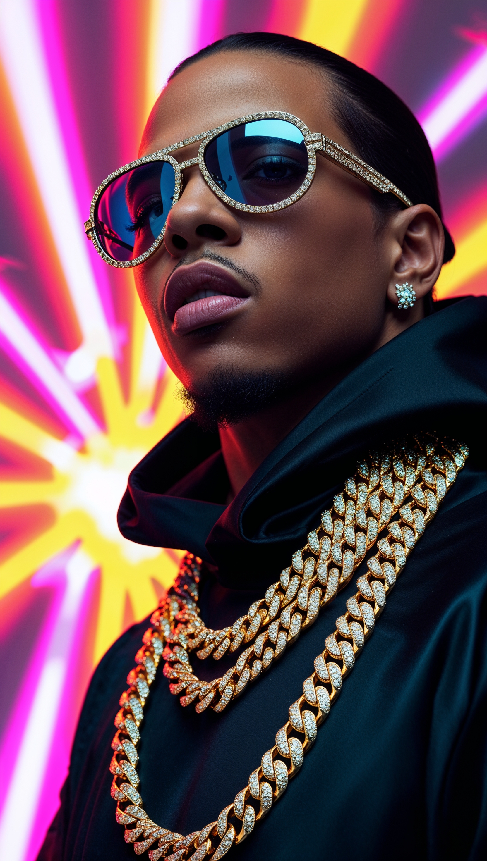 Rapper with sunglasses and golden chains, neon background