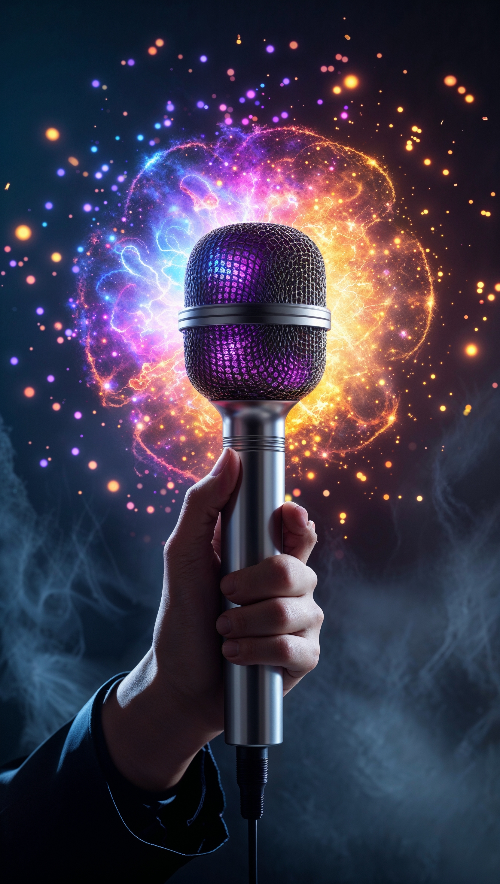 Holding a microphone with particle light effect