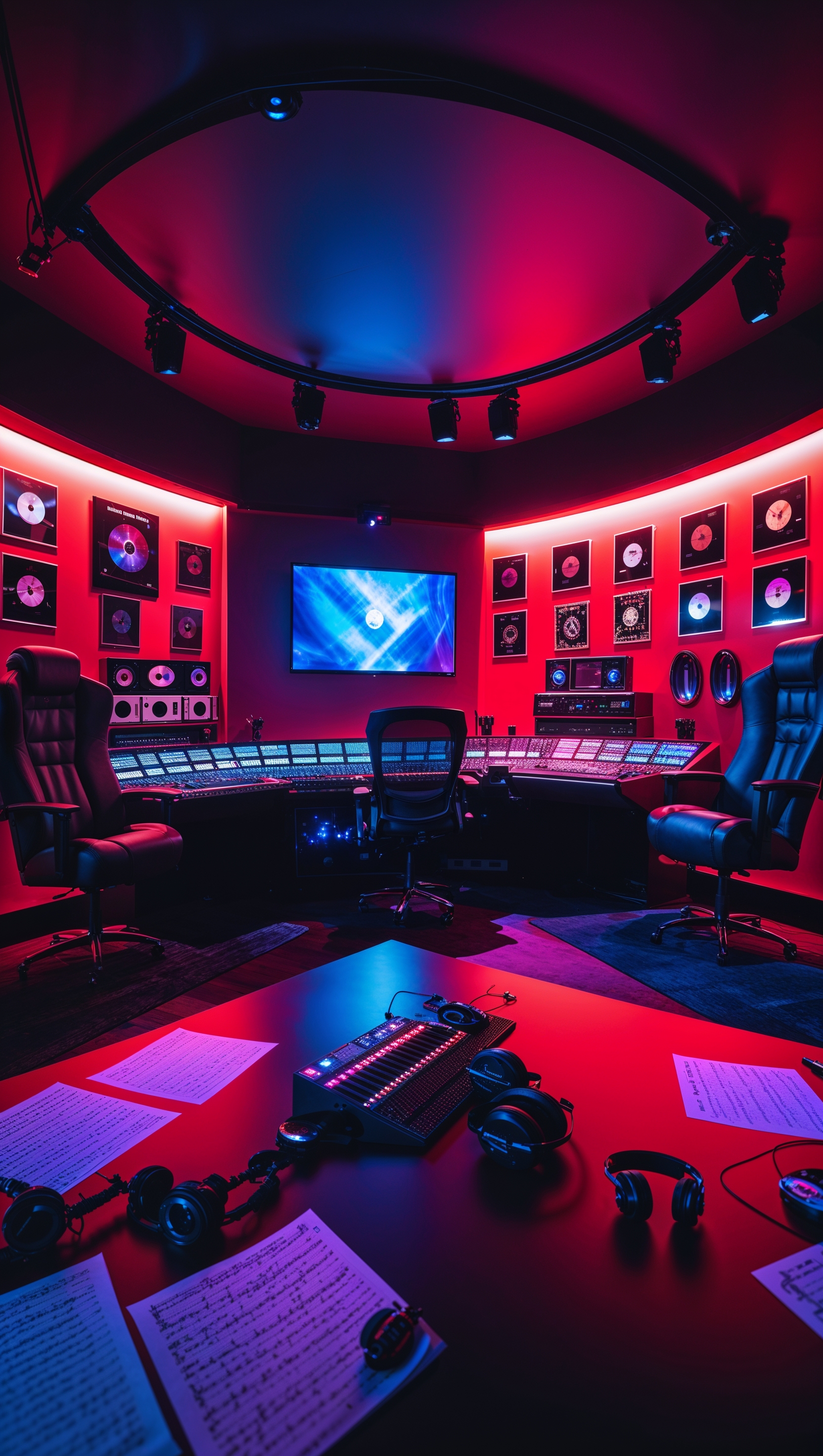 Rap recording studio with red and blue lighting