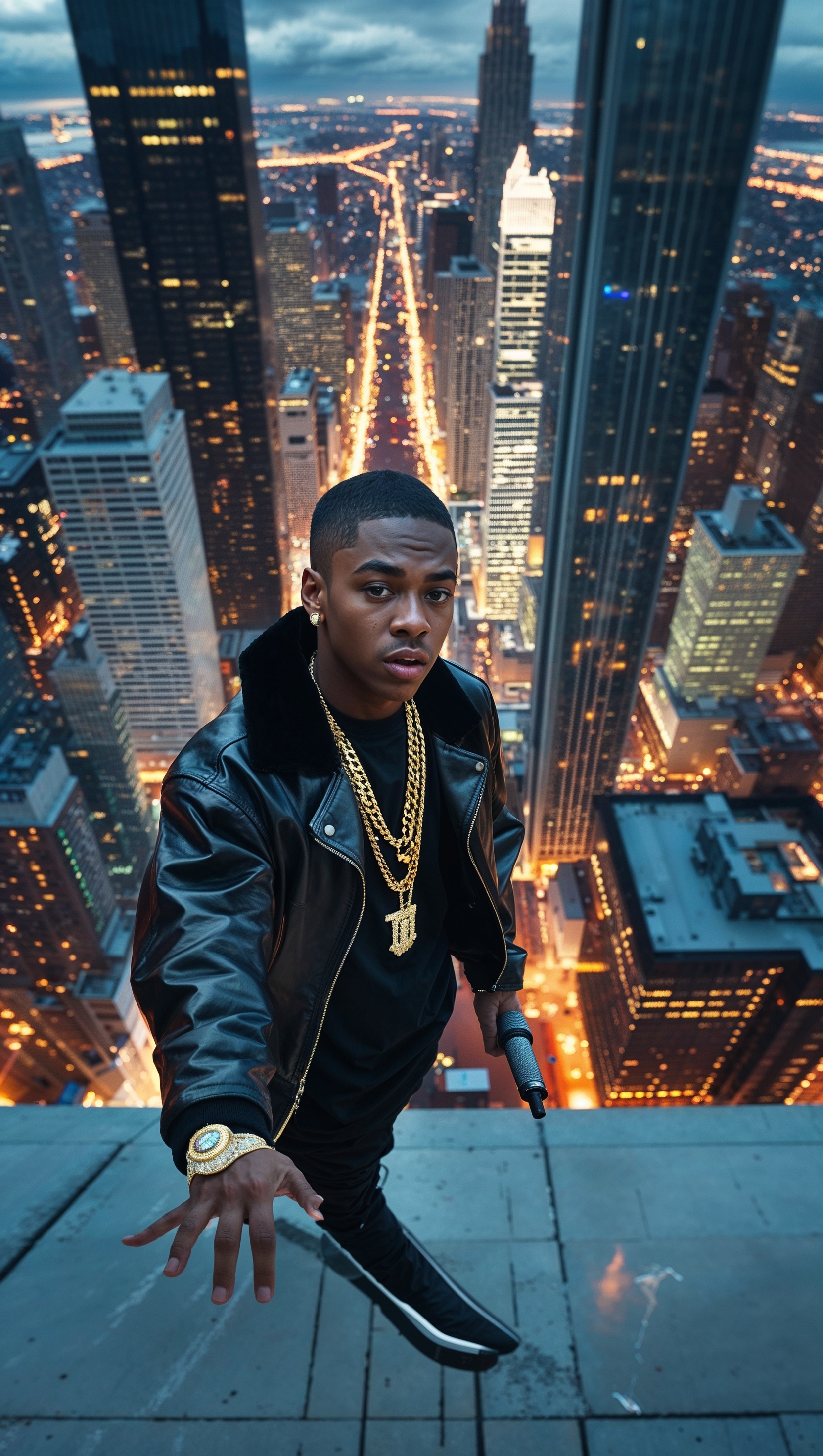 Aerial view of city with a rapper standing on a building edge