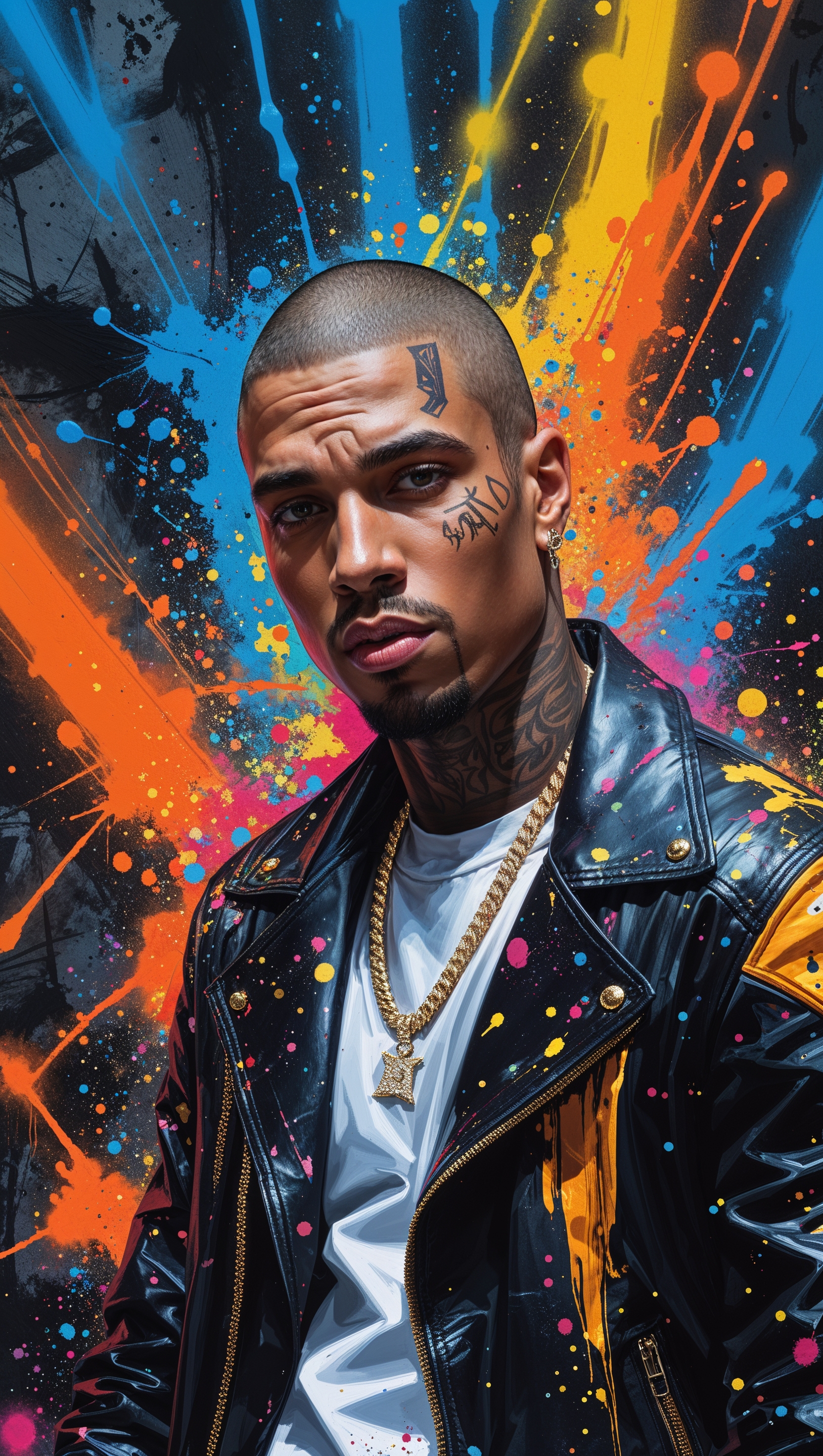 Artistic portrait of a famous rapper with sprayed paint colors